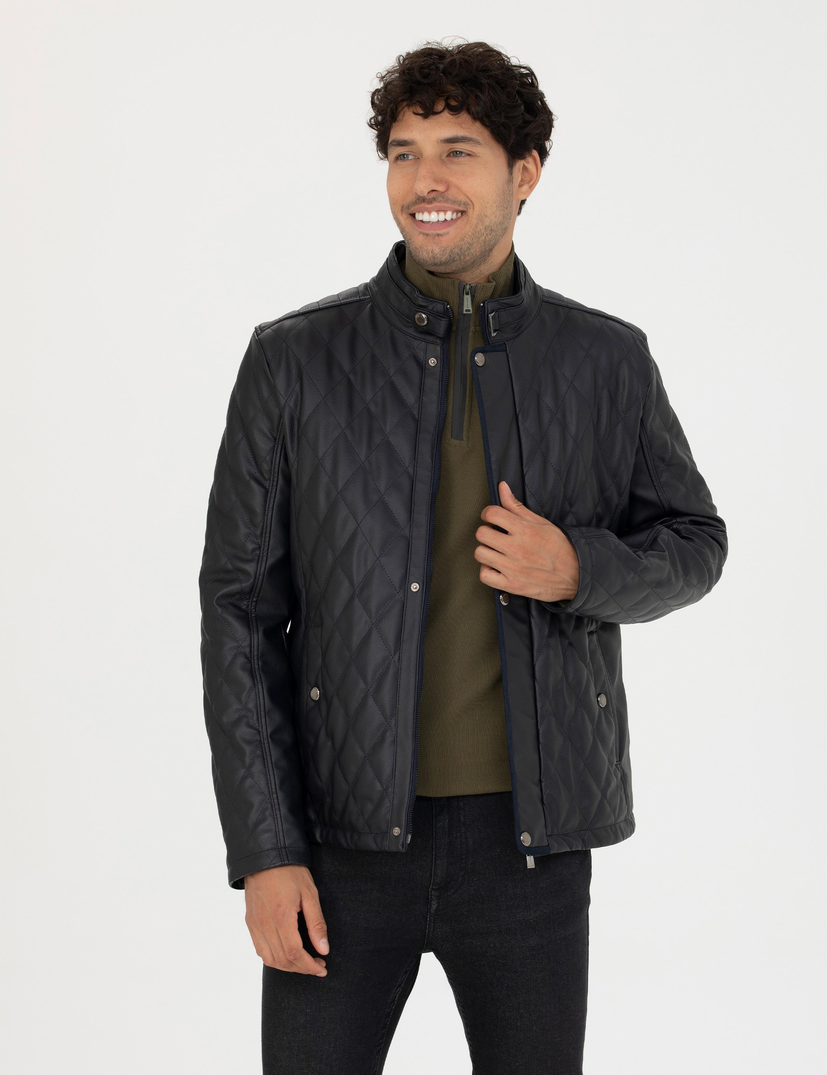 Lacivert Suni Deri Ceket