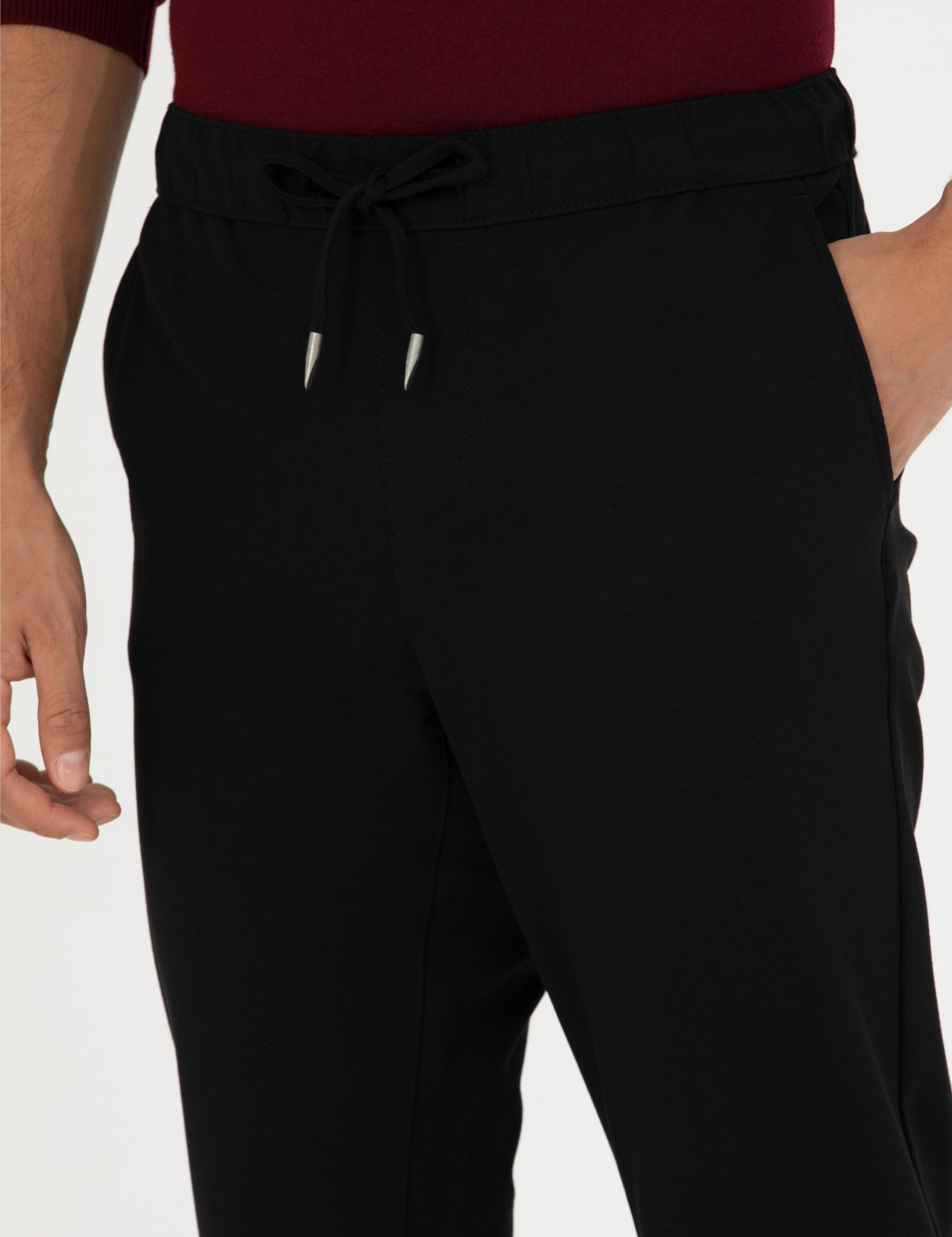 Siyah Slim Fit Beli Lastikli Bağcıklı Kanvas Pantolon