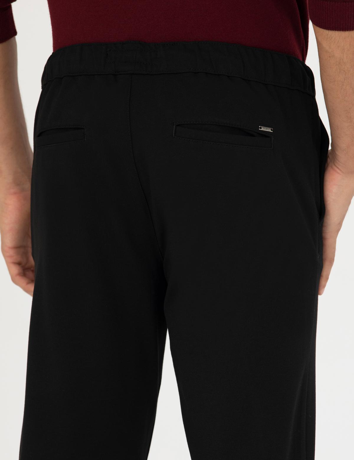 Siyah Slim Fit Beli Lastikli Bağcıklı Kanvas Pantolon - 50278473132