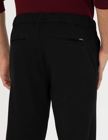Siyah Slim Fit Beli Lastikli Bağcıklı Kanvas Pantolon