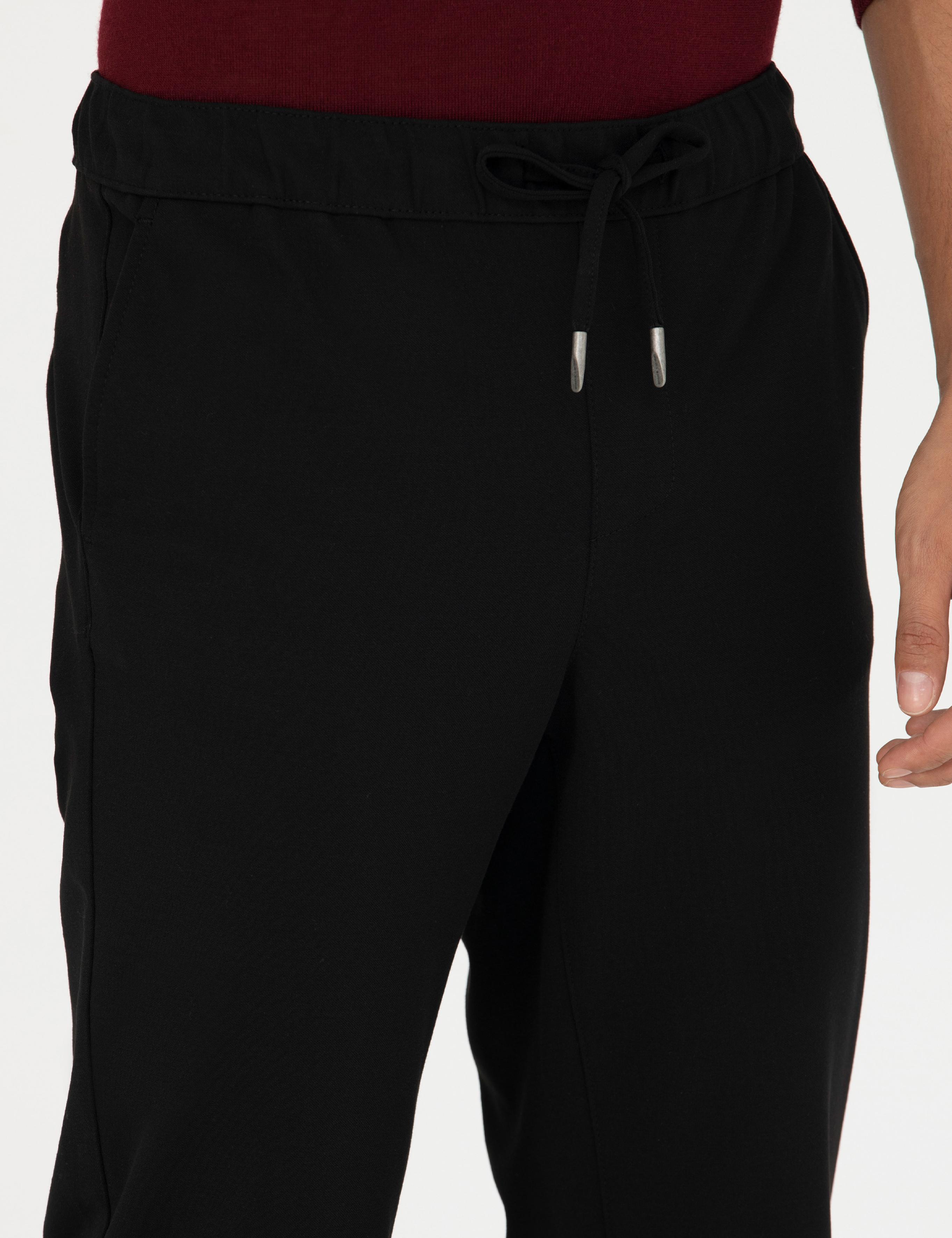 Siyah Slim Fit Beli Lastikli Bağcıklı Kanvas Pantolon