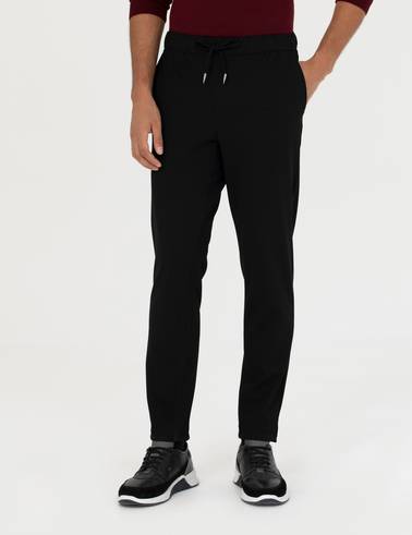 Siyah Slim Fit Beli Lastikli Bağcıklı Kanvas Pantolon