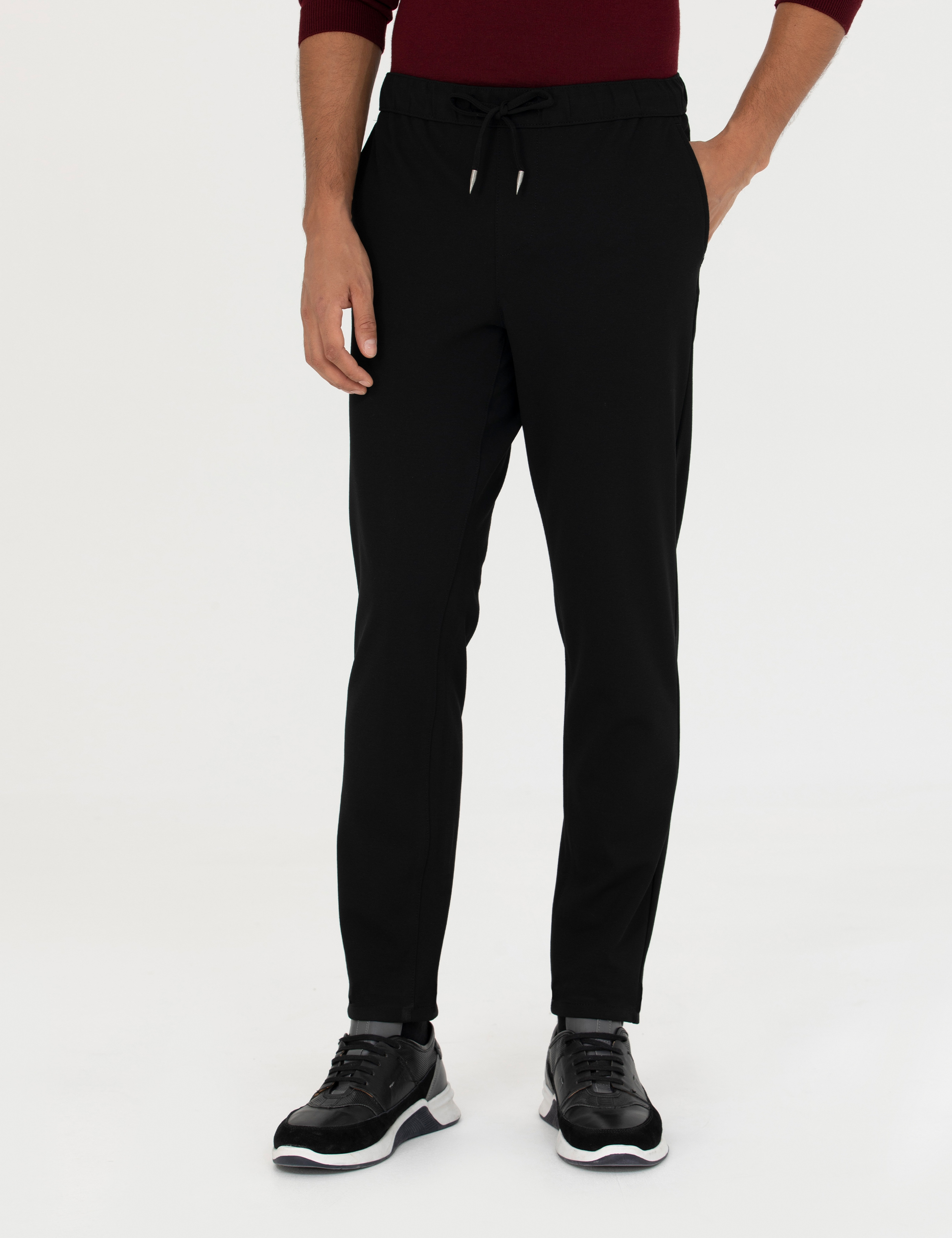Siyah Slim Fit Beli Lastikli Bağcıklı Kanvas Pantolon
