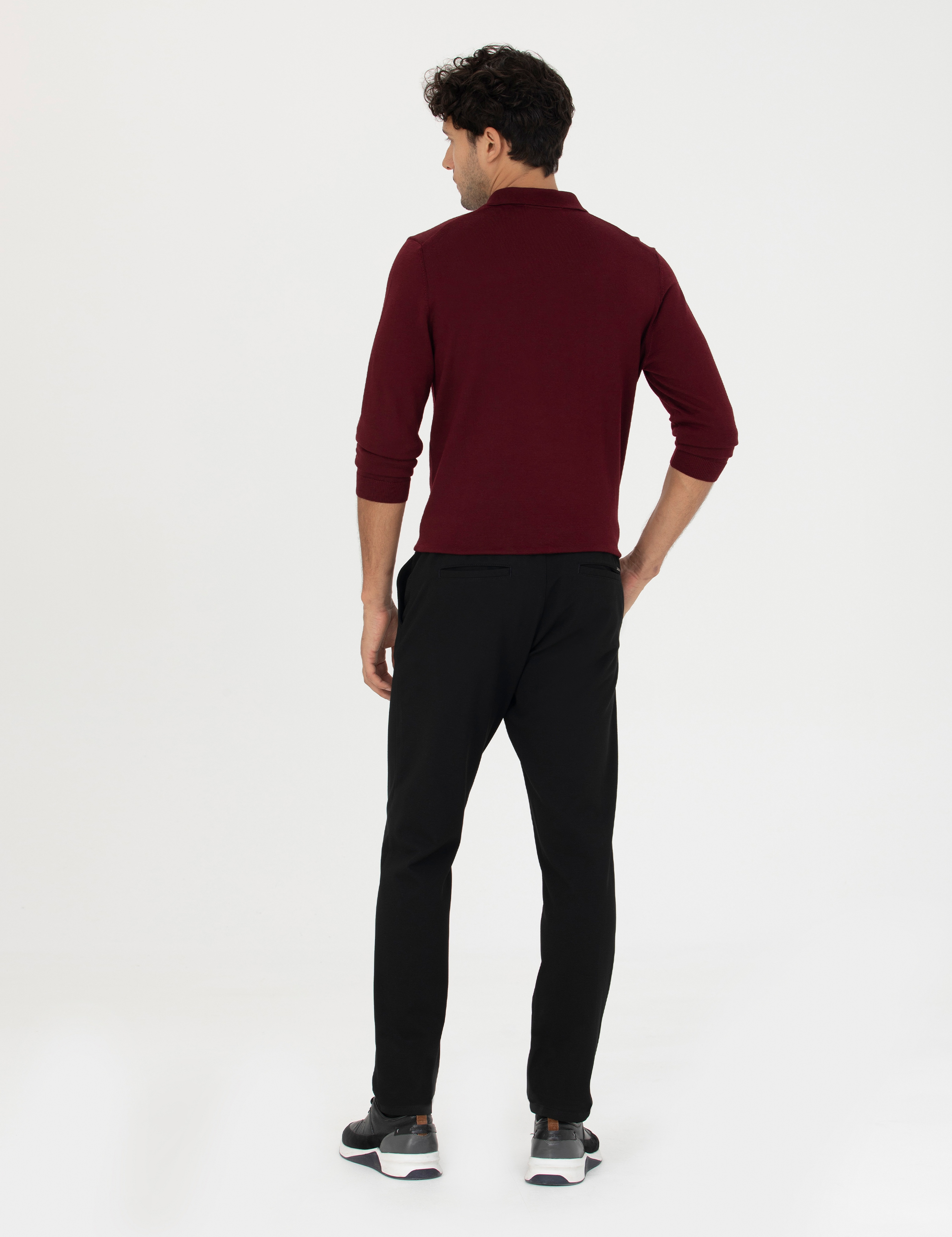 Siyah Slim Fit Beli Lastikli Bağcıklı Kanvas Pantolon - Image 4