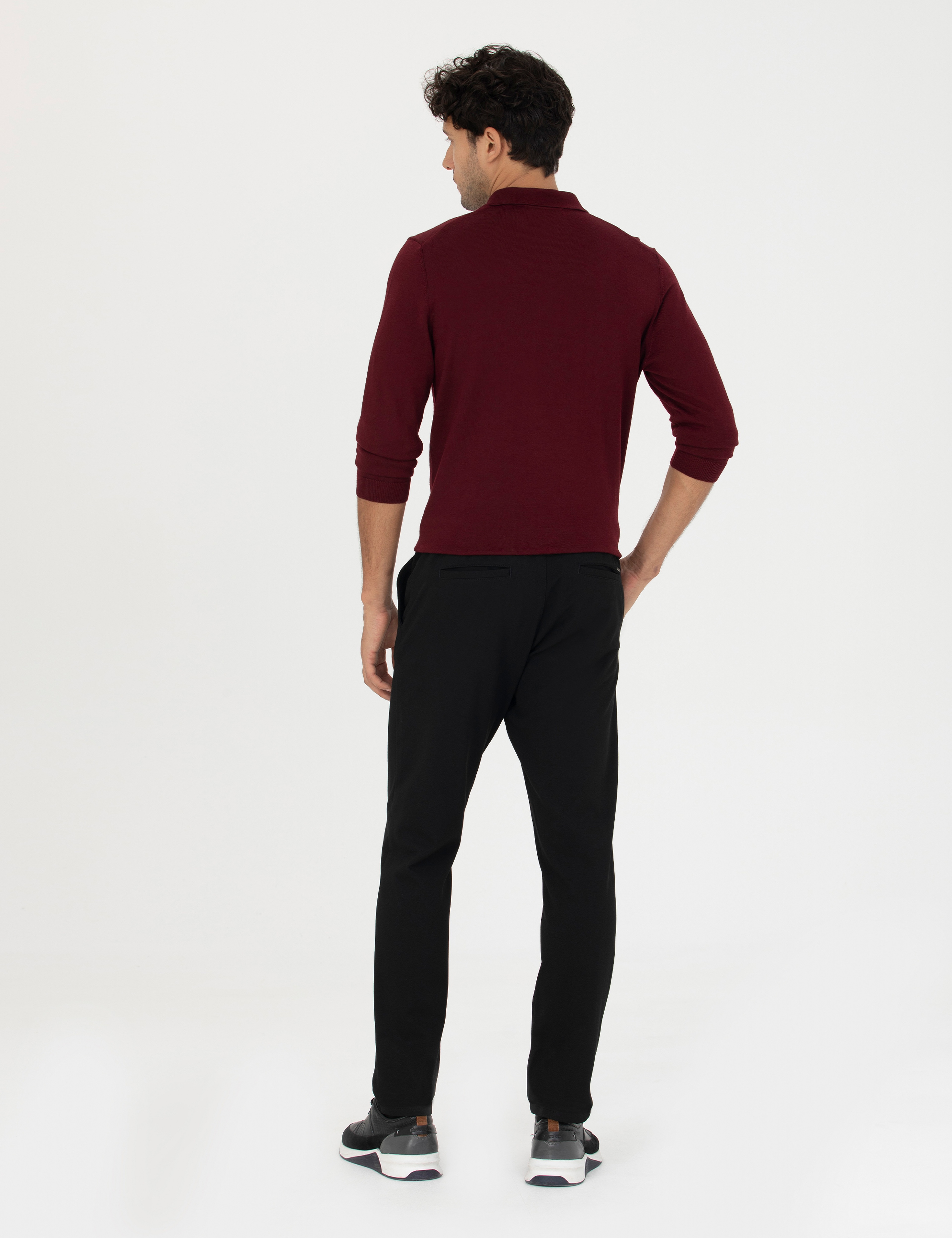 Siyah Slim Fit Beli Lastikli Bağcıklı Kanvas Pantolon