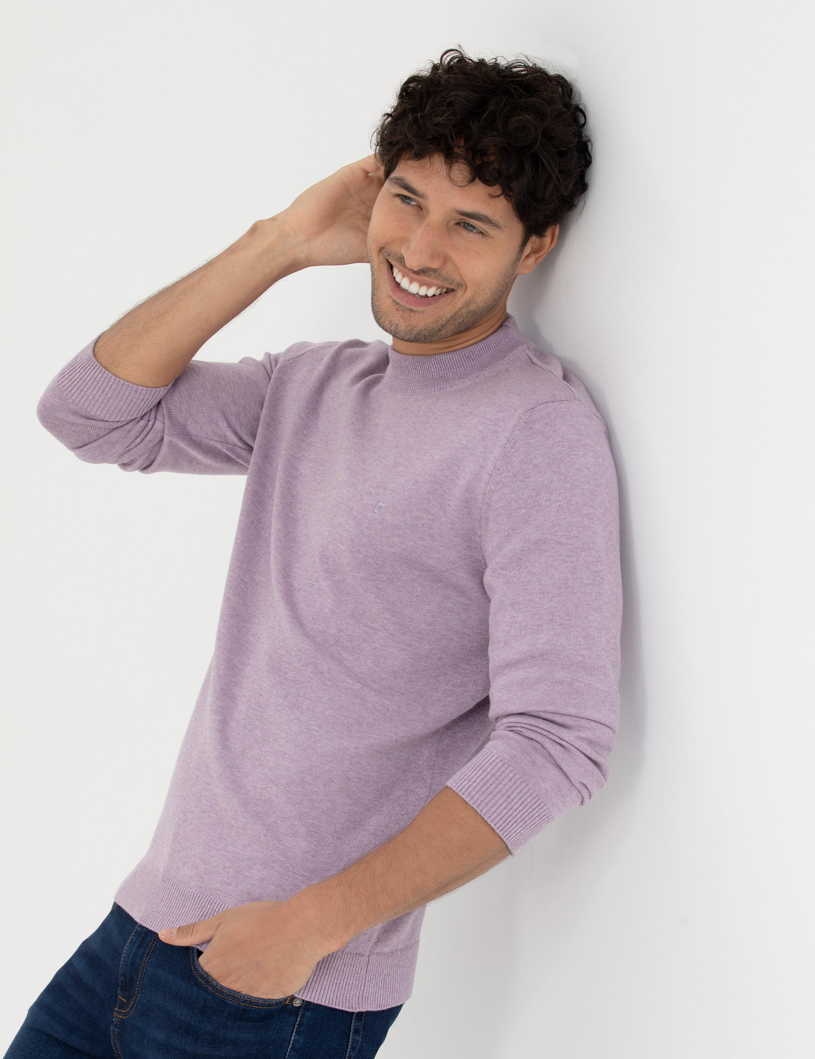 Koyu Lila Slim Fit Çeyrek Yaka Basic Triko Kazak