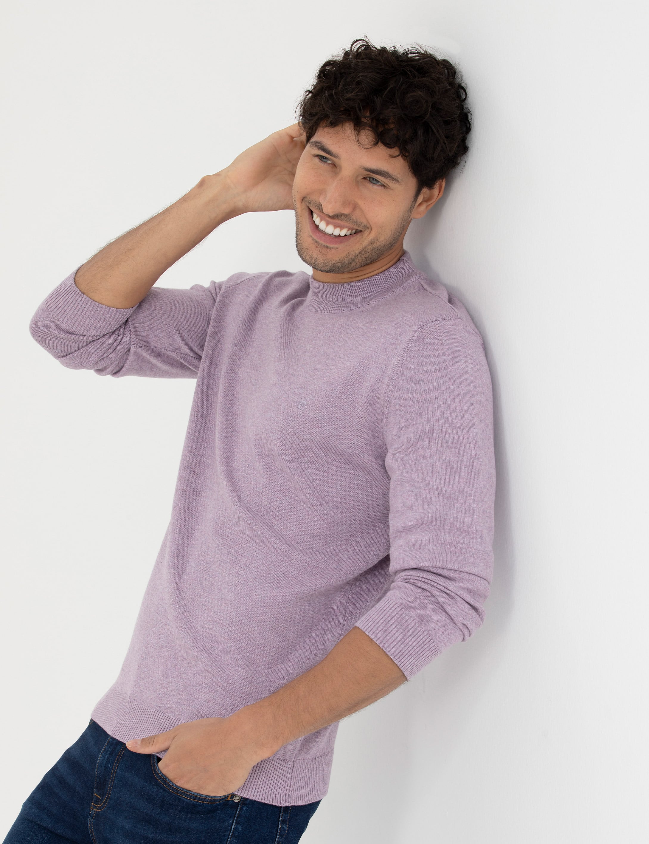 Koyu Lila Slim Fit Çeyrek Yaka Basic Triko Kazak