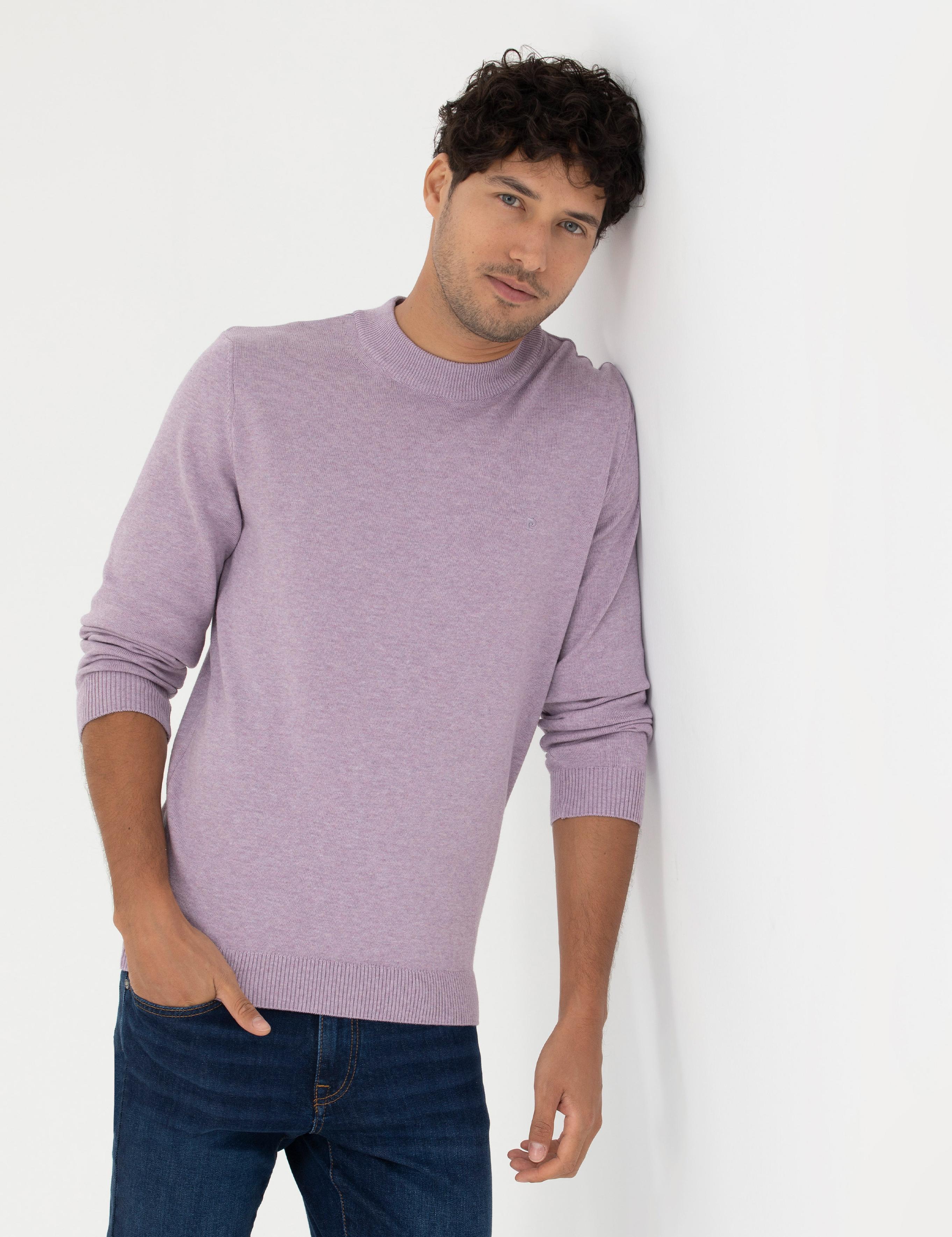 Koyu Lila Slim Fit Çeyrek Yaka Basic Triko Kazak