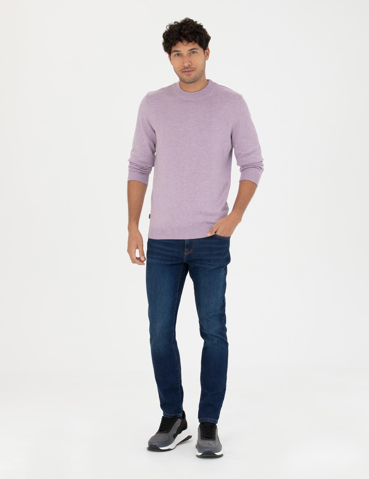 Koyu Lila Slim Fit Çeyrek Yaka Basic Triko Kazak - 50276158051