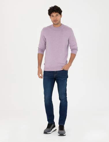 Koyu Lila Slim Fit Çeyrek Yaka Basic Triko Kazak