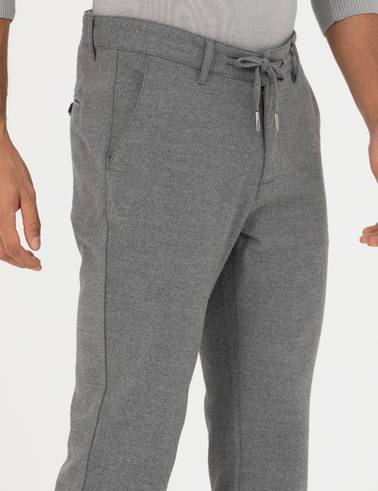 Gri Slim Fit Bağcıklı Kanvas Pantolon