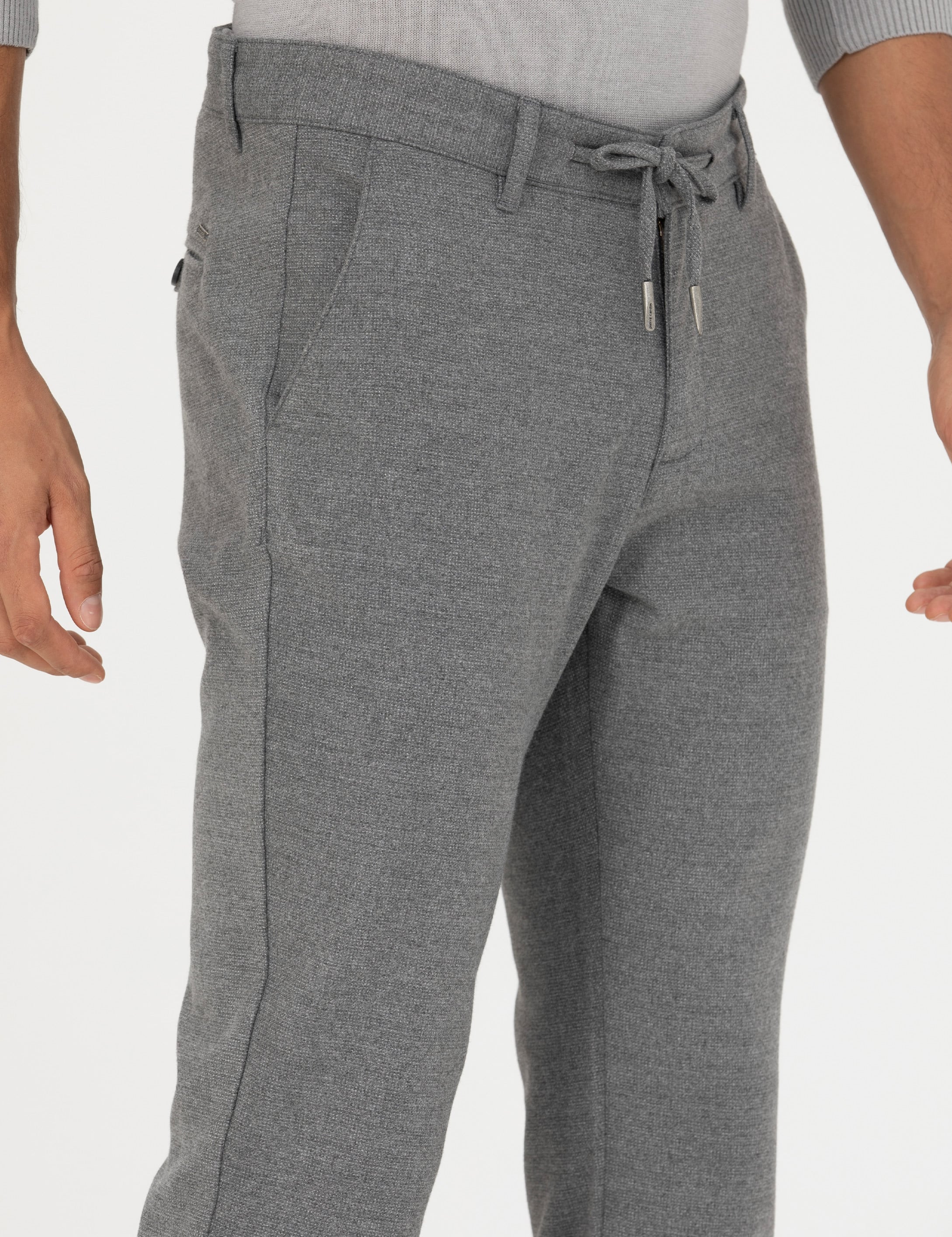 Gri Slim Fit Bağcıklı Kanvas Pantolon