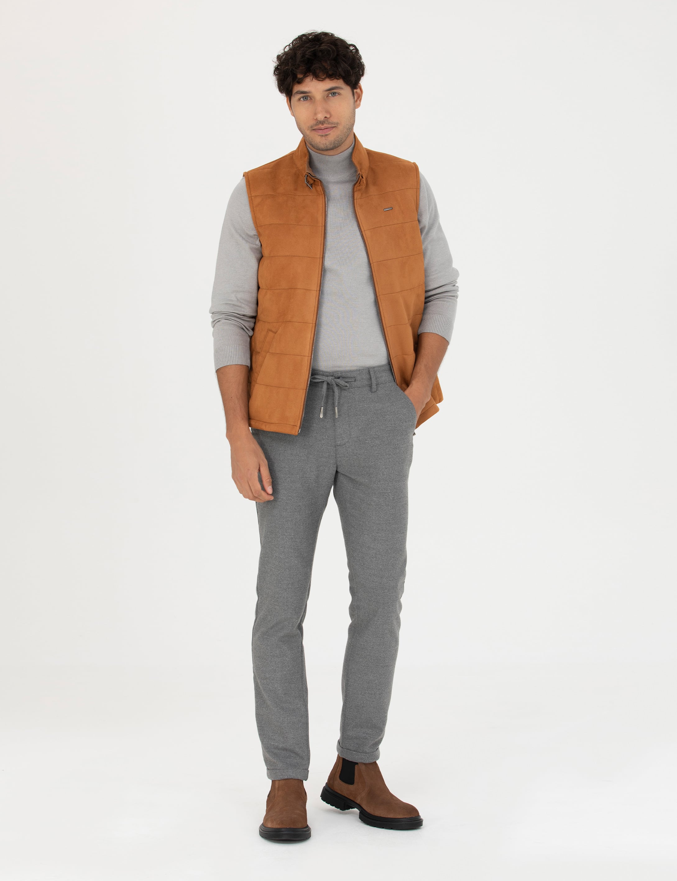 Gri Slim Fit Bağcıklı Kanvas Pantolon - Image 3
