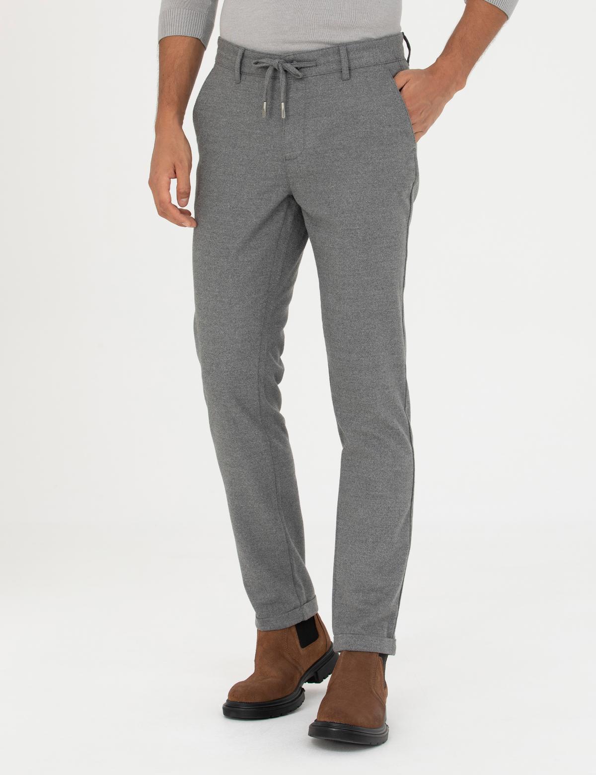 Gri Slim Fit Bağcıklı Kanvas Pantolon - 50278467074