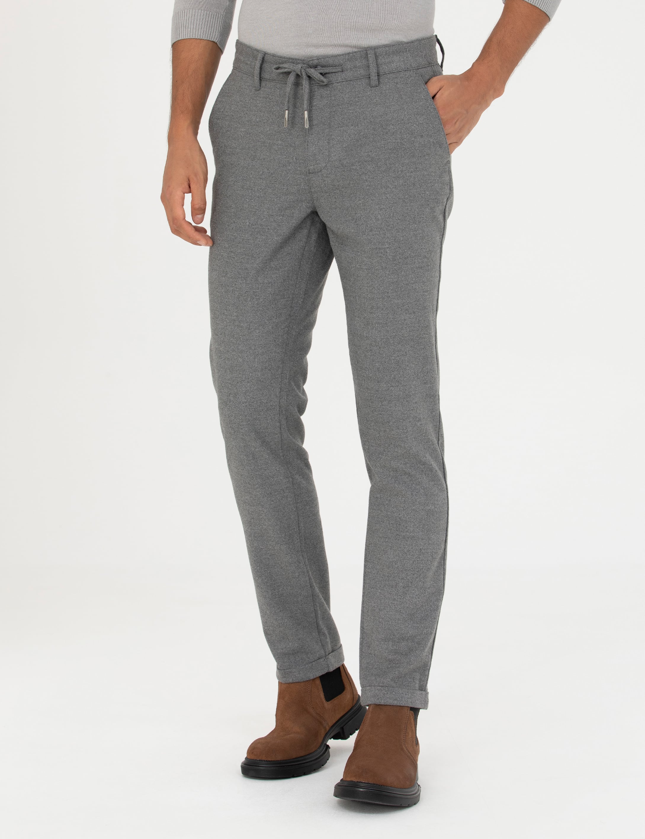 Gri Slim Fit Bağcıklı Kanvas Pantolon - Image 2