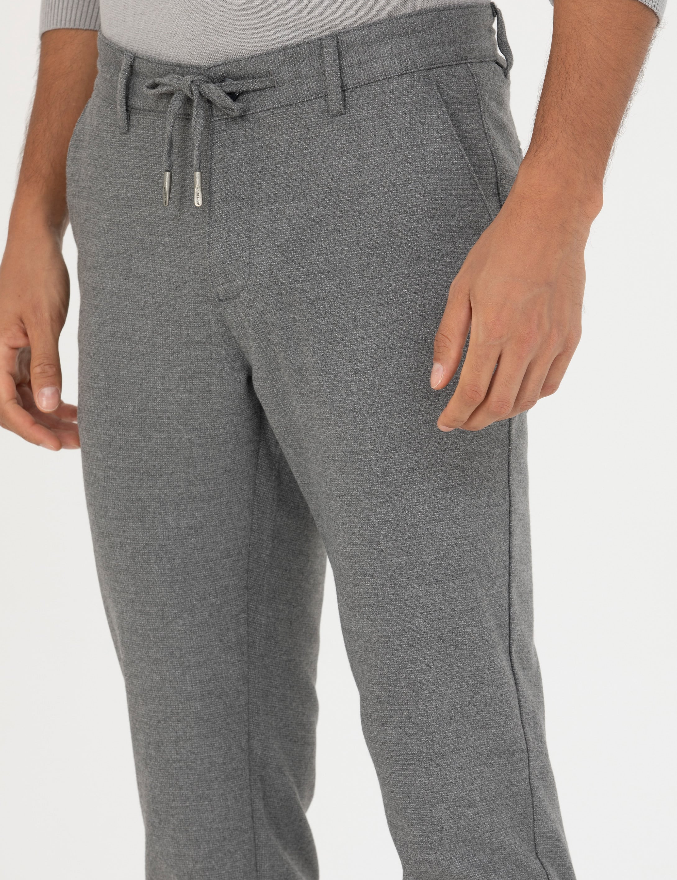 Gri Slim Fit Bağcıklı Kanvas Pantolon - Image 6