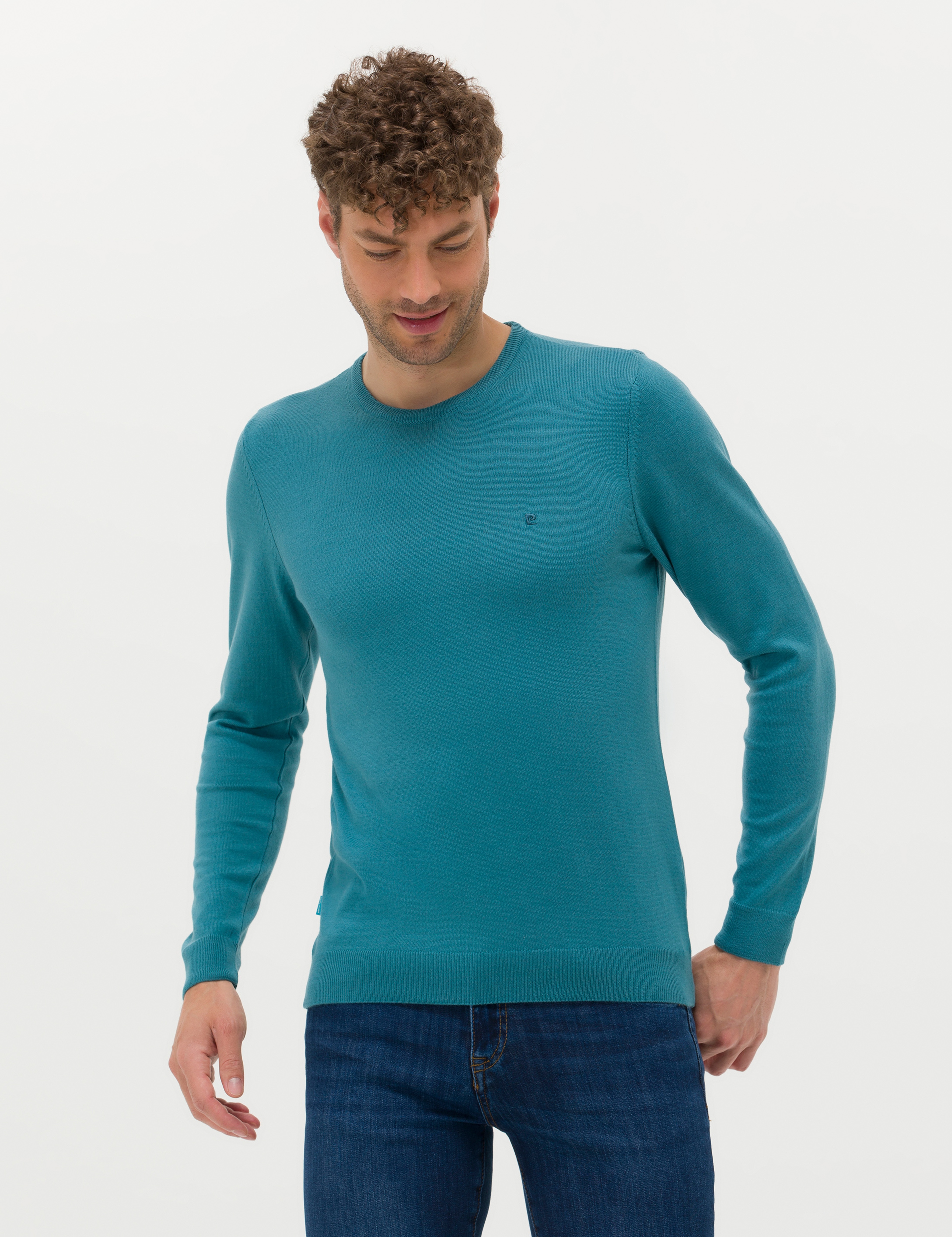 Petrol Slim Fit Bisiklet Yaka Basic Triko Kazak - Image 1