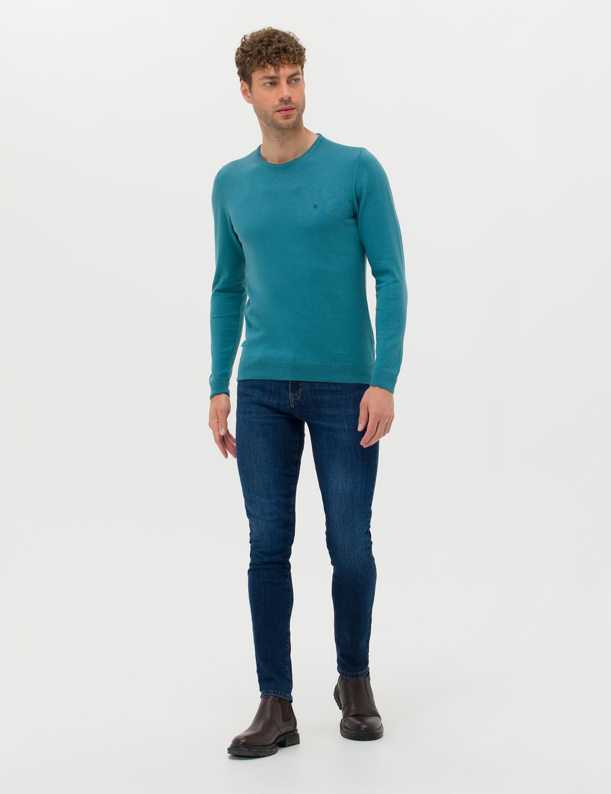 Petrol Slim Fit Bisiklet Yaka Basic Triko Kazak - 50276349013