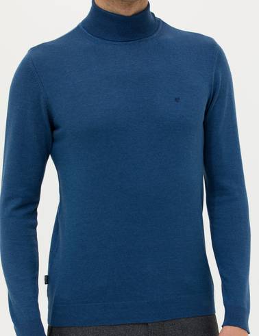 İndigo Melanj Slim Fit Balıkçı Yaka Basic Triko Kazak