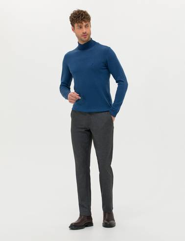 İndigo Melanj Slim Fit Balıkçı Yaka Basic Triko Kazak