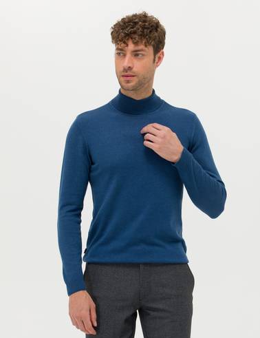 İndigo Melanj Slim Fit Balıkçı Yaka Basic Triko Kazak