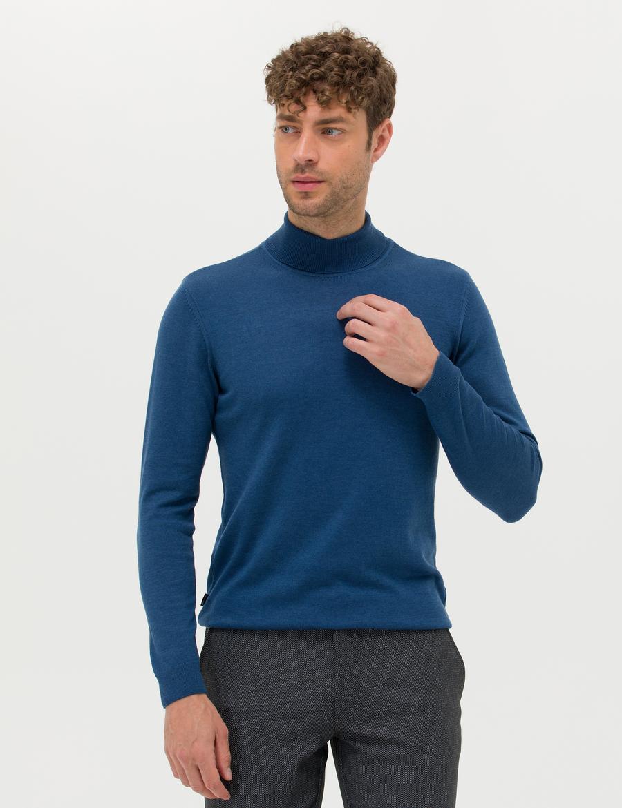 İndigo Melanj Slim Fit Balıkçı Yaka Basic Triko Kazak