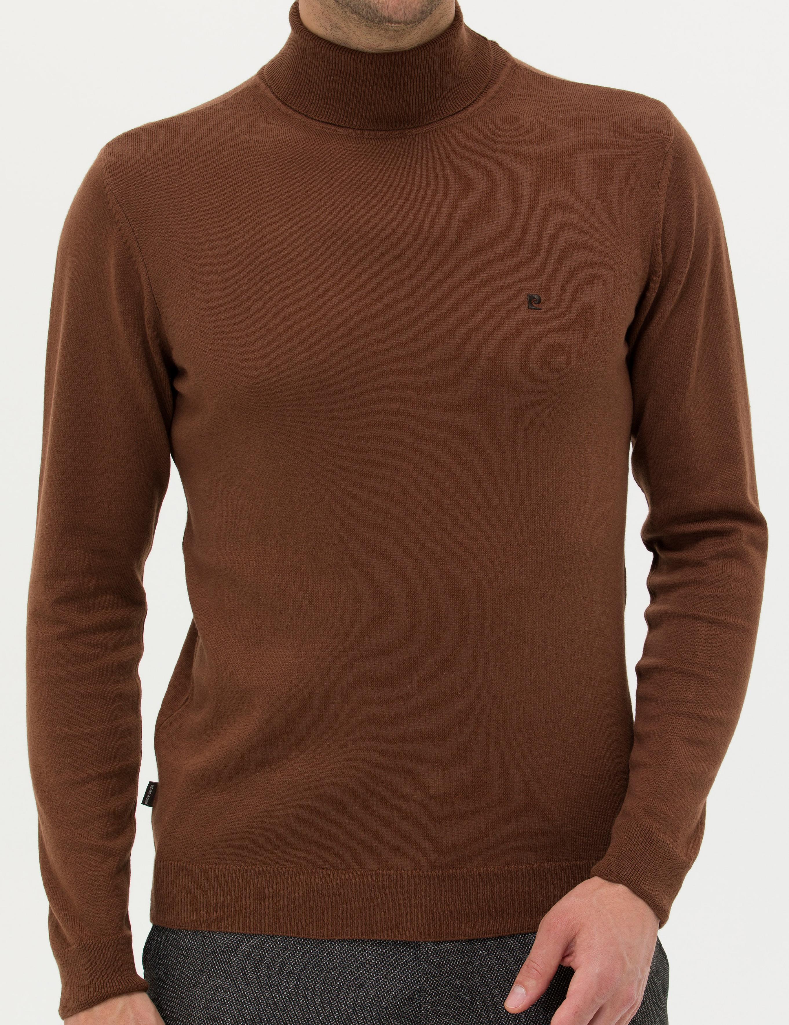 Kahverengi Slim Fit Balıkçı Yaka Basic Triko Kazak