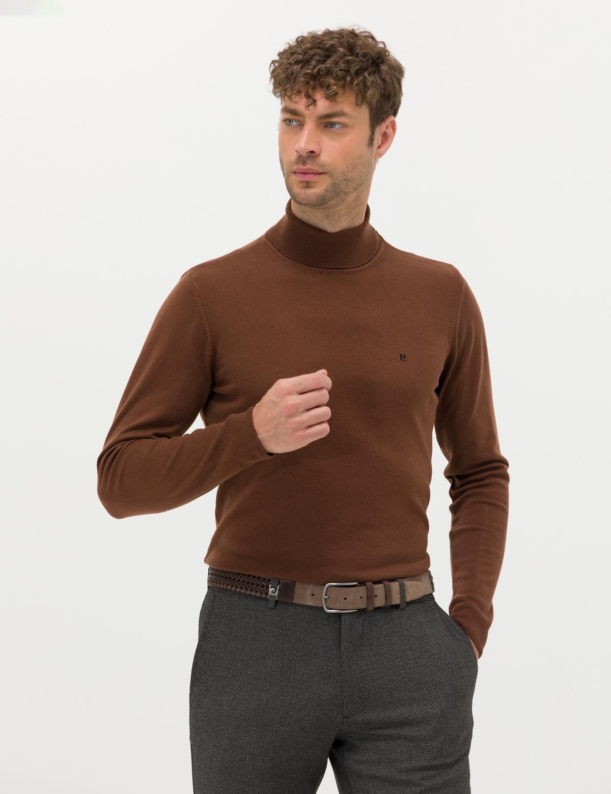 Kahverengi Slim Fit Balıkçı Yaka Basic Triko Kazak