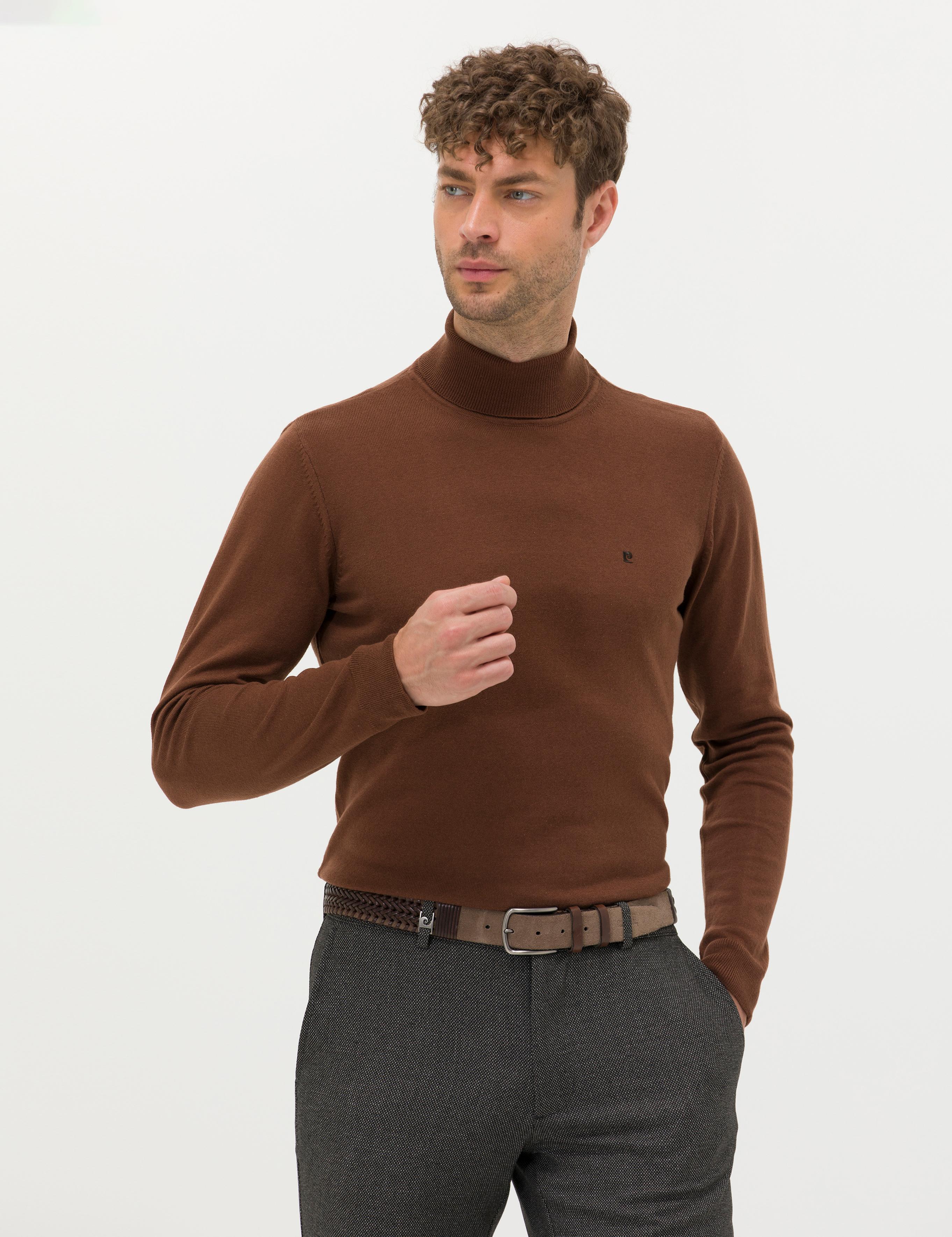 Kahverengi Slim Fit Balıkçı Yaka Basic Triko Kazak