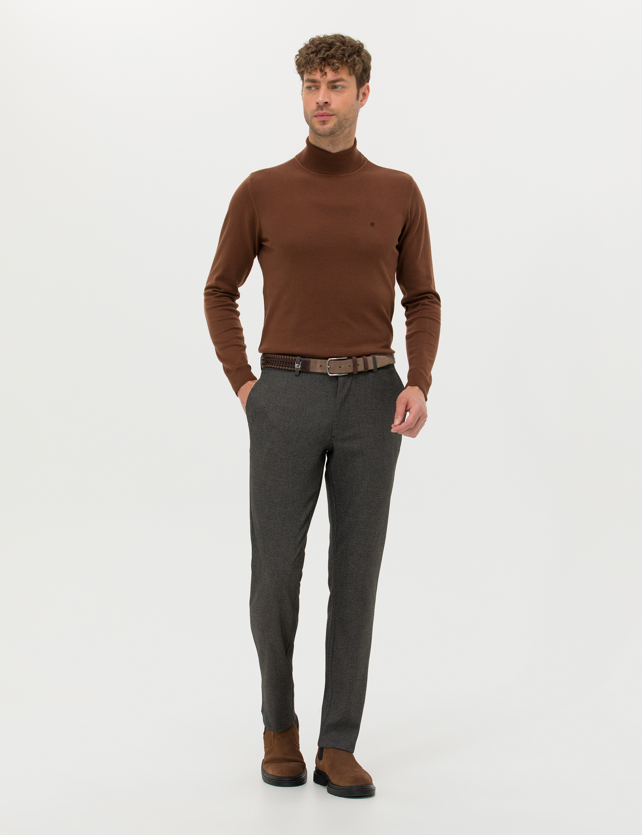 Kahverengi Slim Fit Balıkçı Yaka Basic Triko Kazak