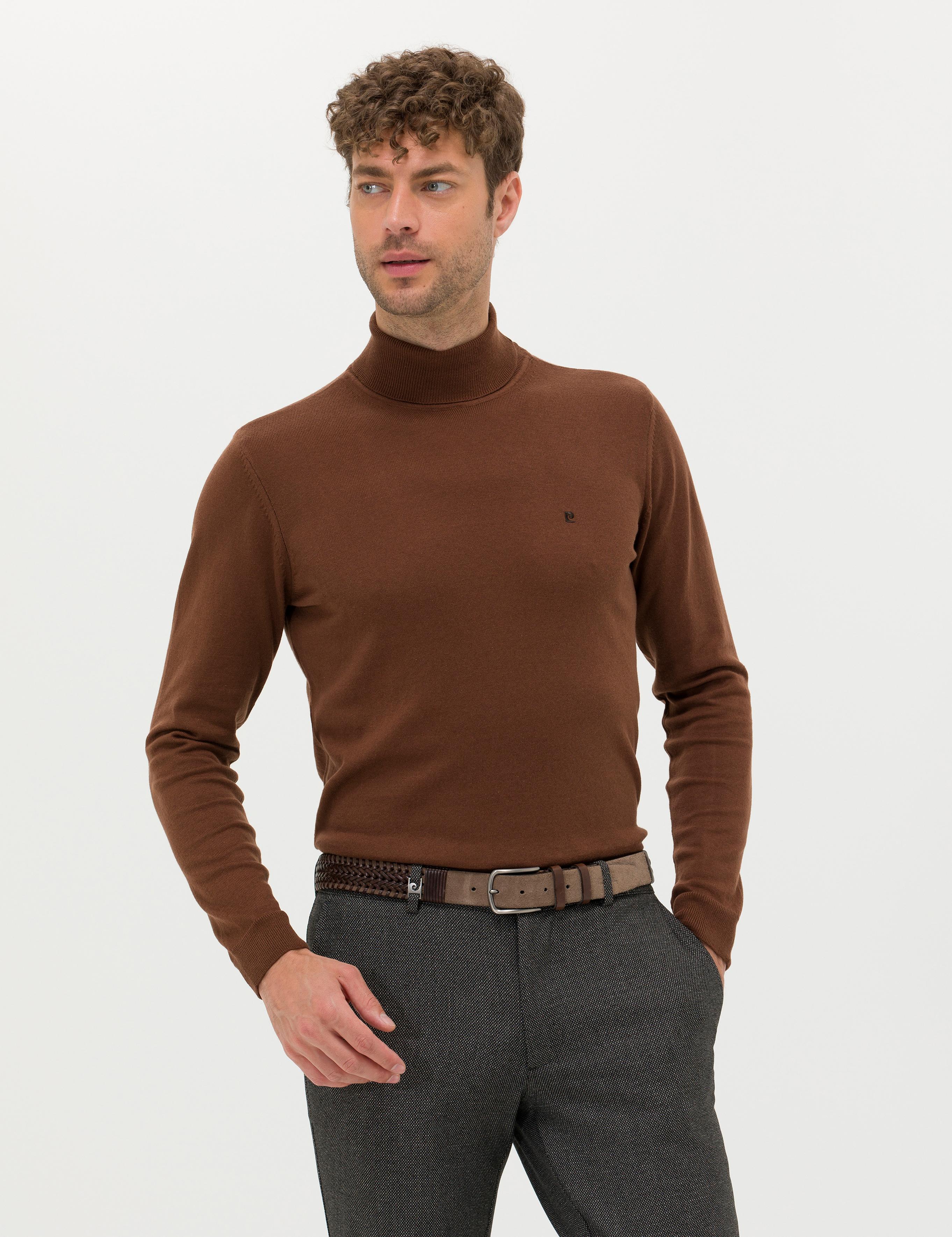 Kahverengi Slim Fit Balıkçı Yaka Basic Triko Kazak