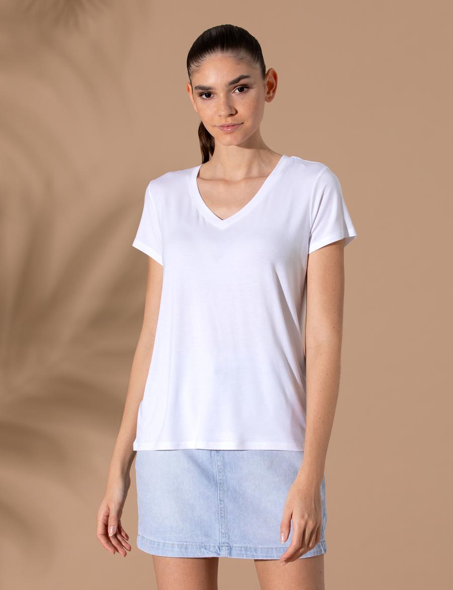 Beyaz Comfort Fit V Yaka Basic Tişört