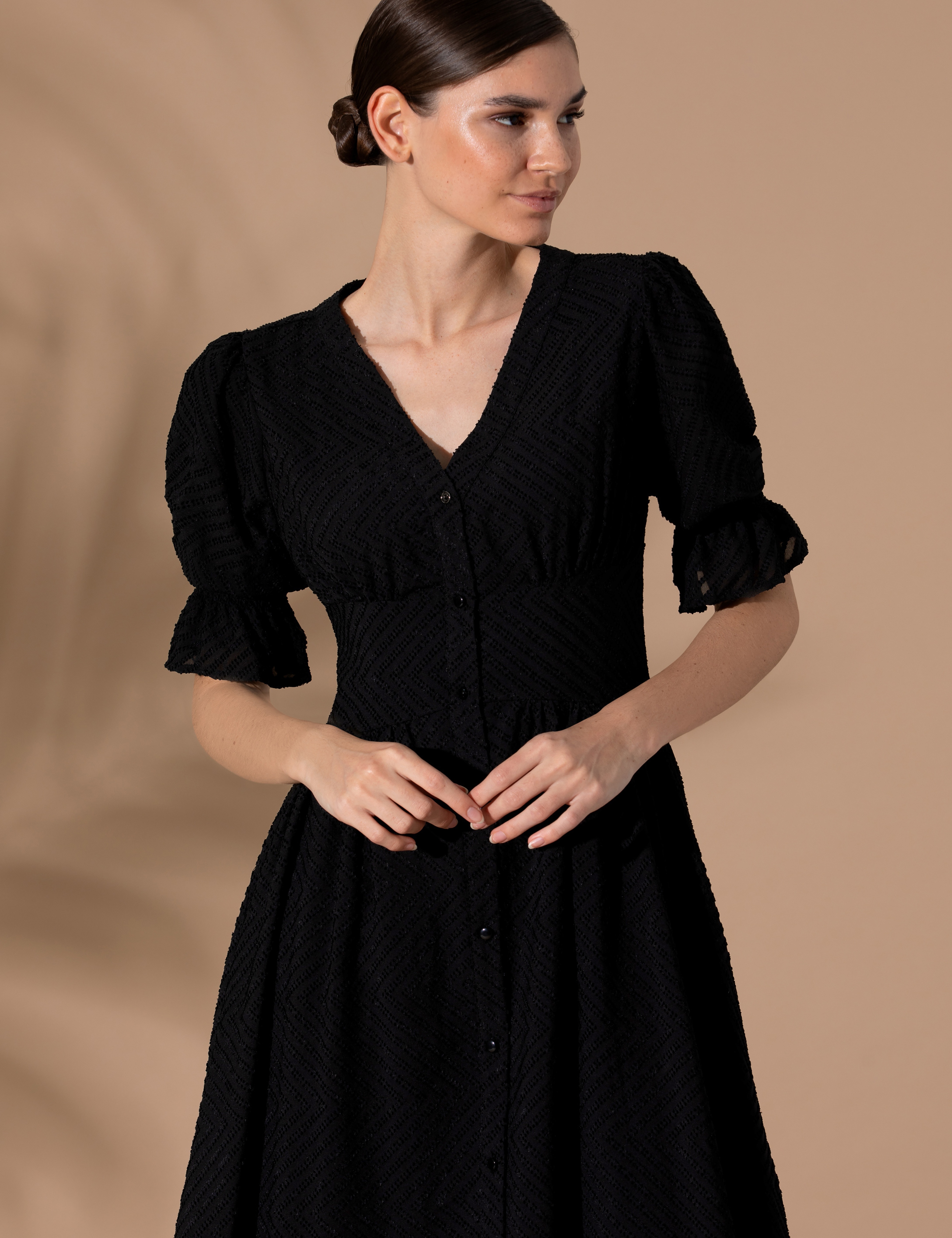 Siyah Regular Fit Dokuma Elbise - Image 2