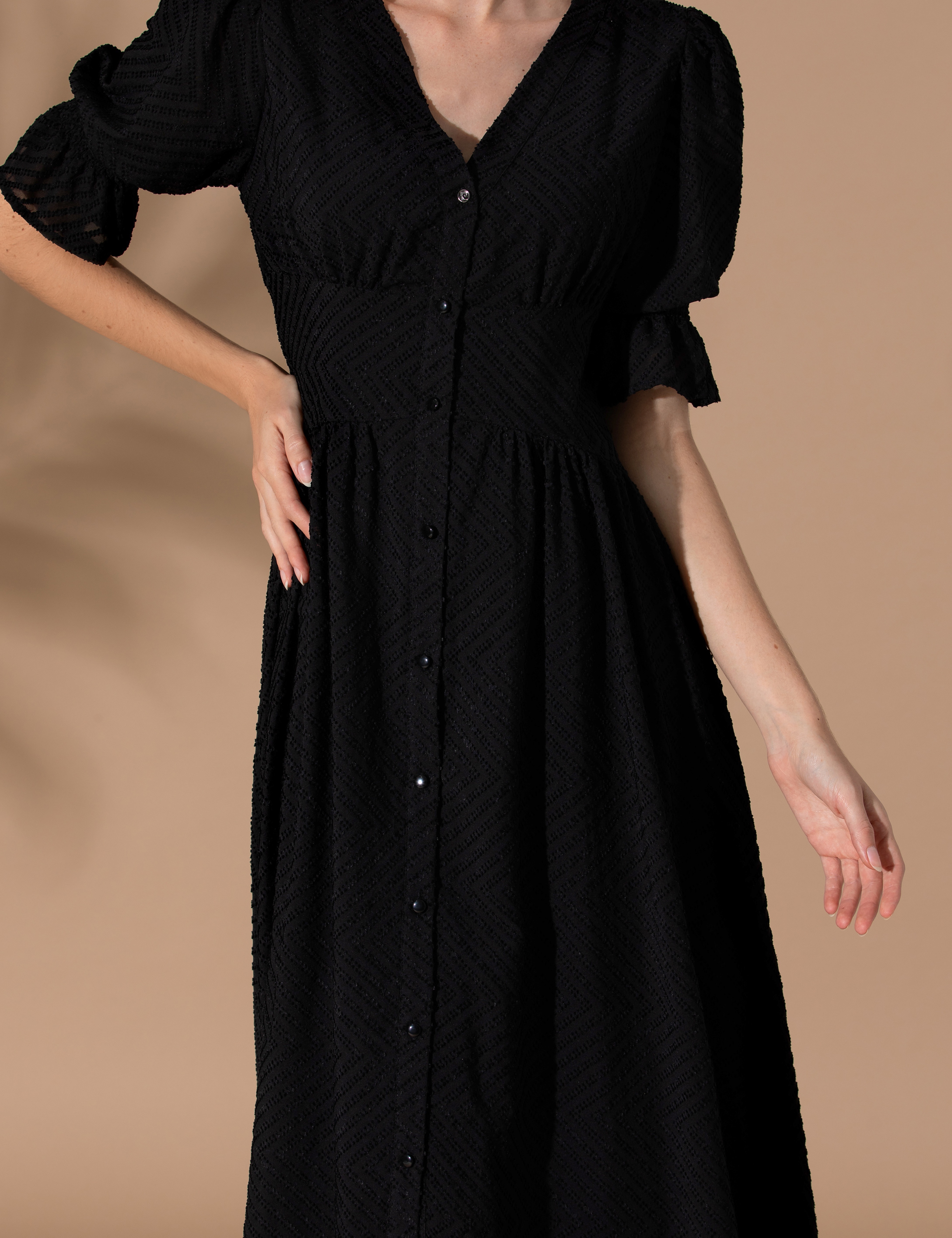 Siyah Regular Fit Dokuma Elbise - Image 6