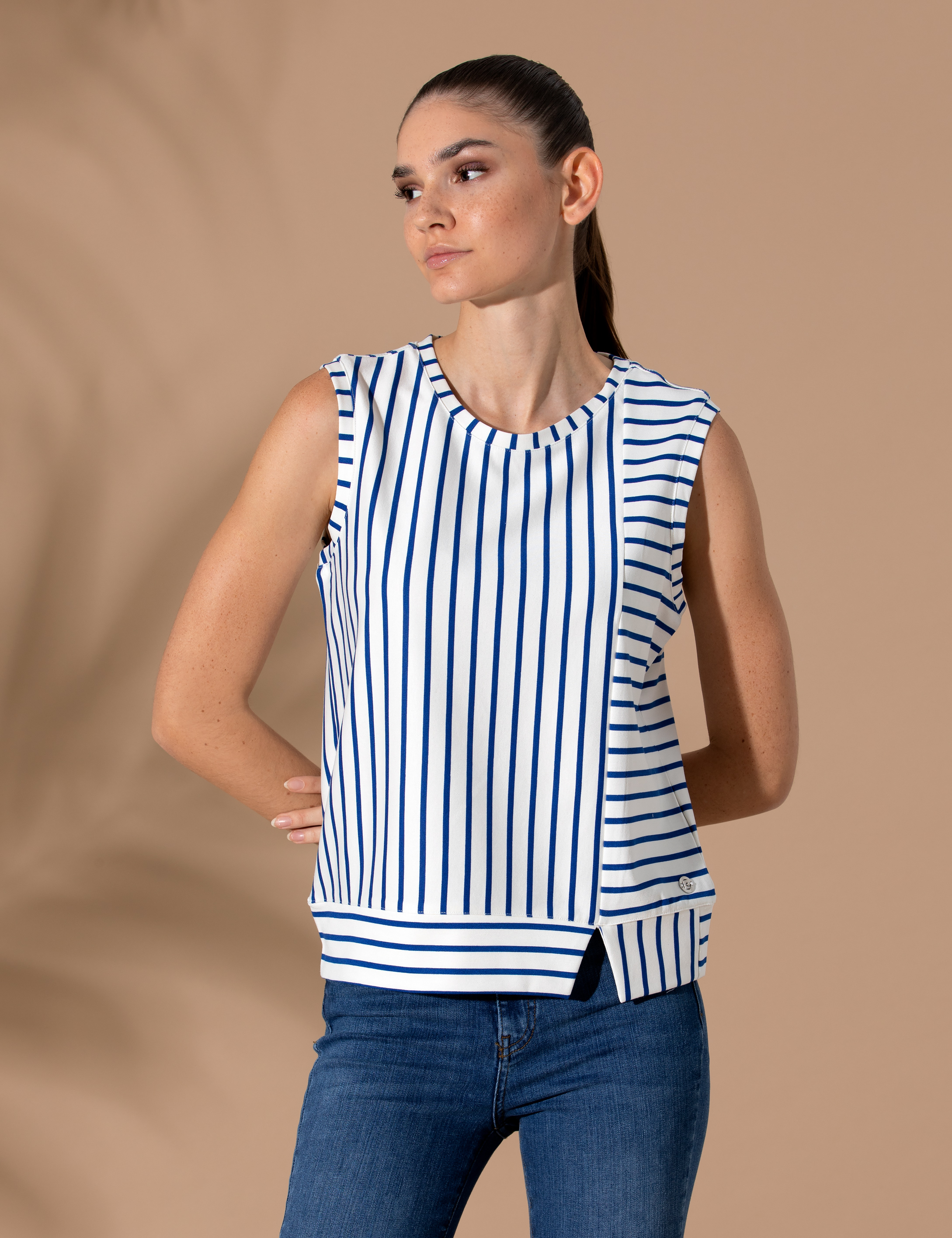 İndigo Çizgili Comfort Fit Kolsuz Tişört
