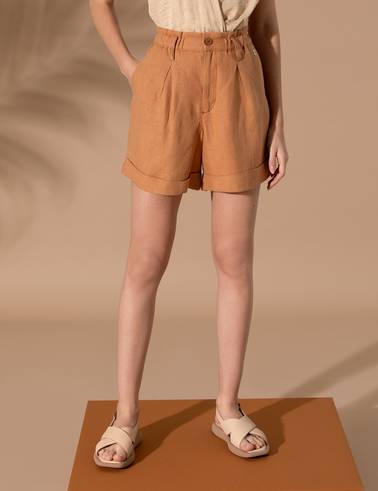 Kahverengi Keten Oversize Bermuda Şort