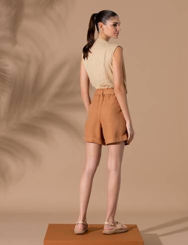 Kahverengi Keten Oversize Bermuda Şort