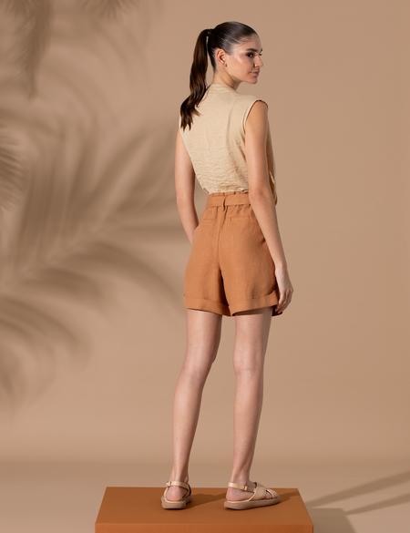 Kahverengi Keten Oversize Bermuda Şort - 50262678031