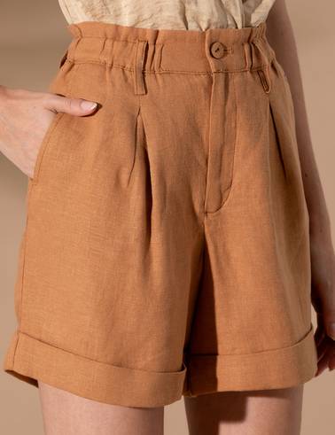 Kahverengi Keten Oversize Bermuda Şort