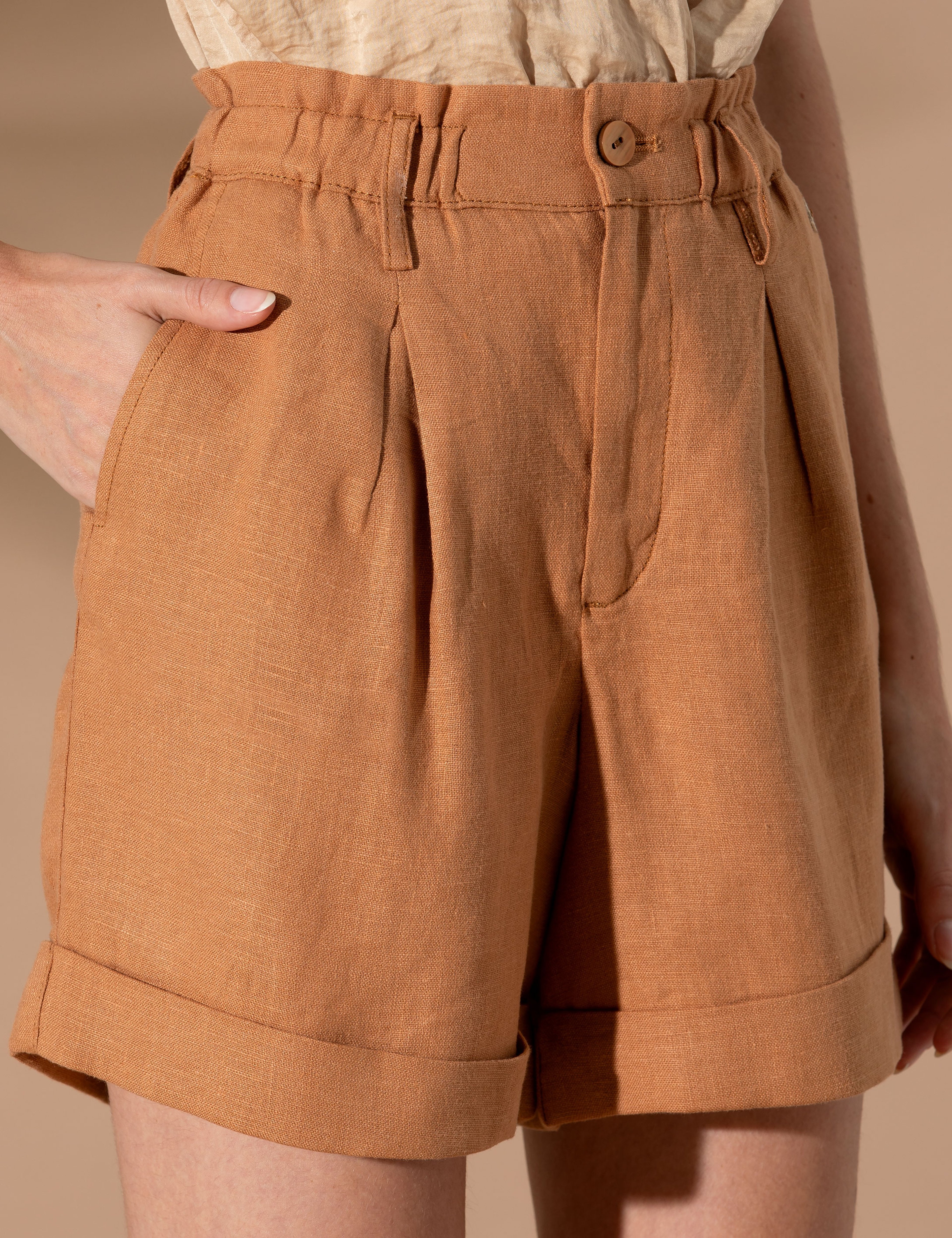 Kahverengi Keten Oversize Bermuda Şort