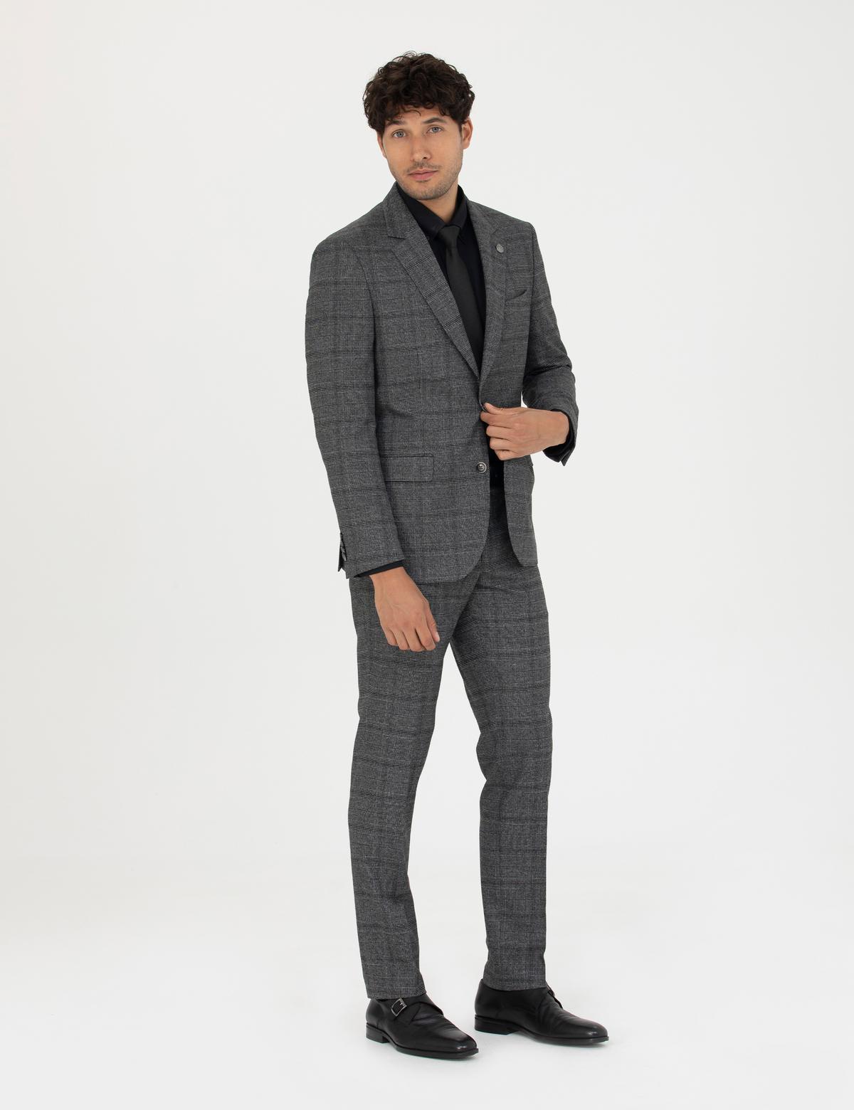 Füme Slim Fit Ekose Takım Elbise - 50279140089