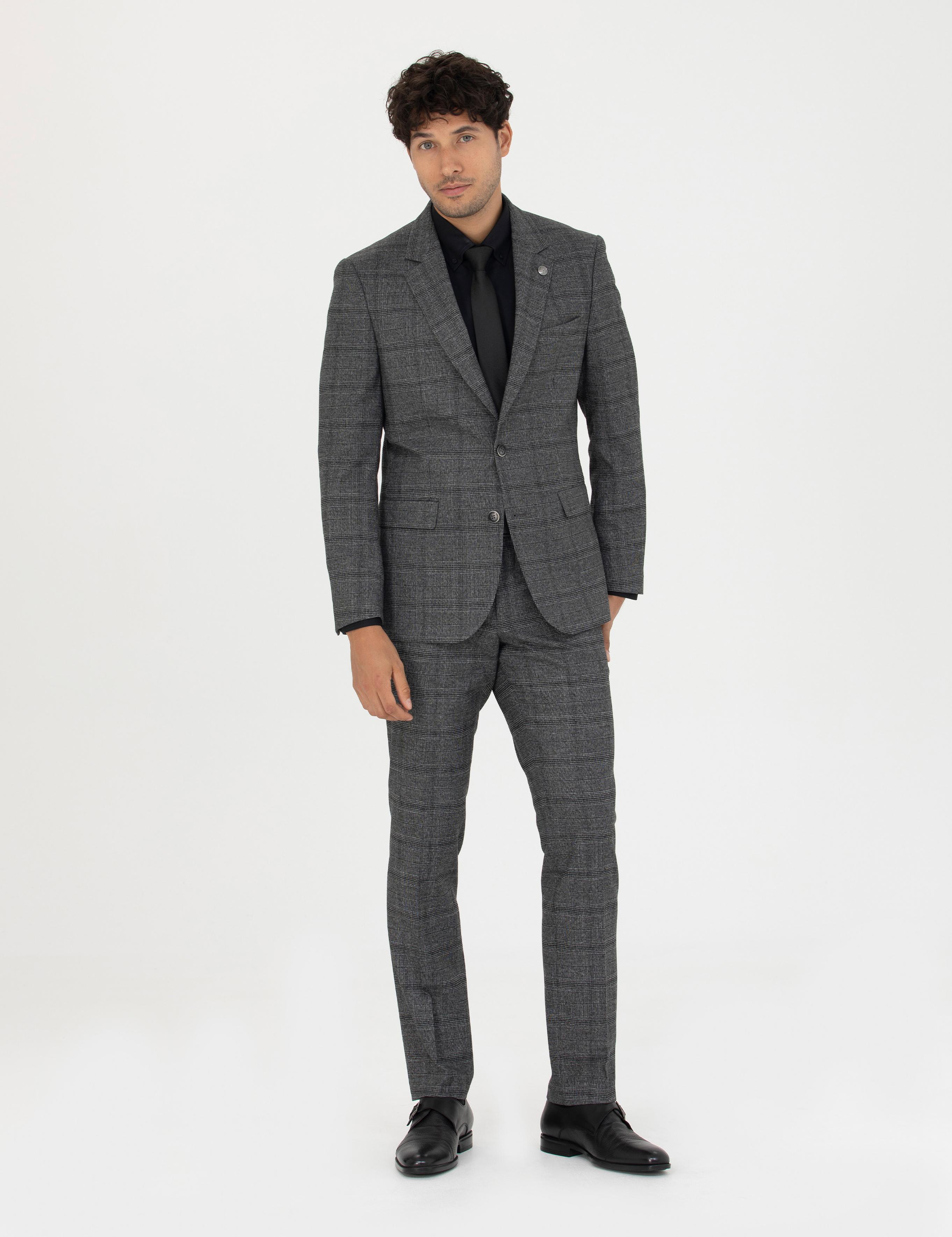 Füme Slim Fit Ekose Takım Elbise