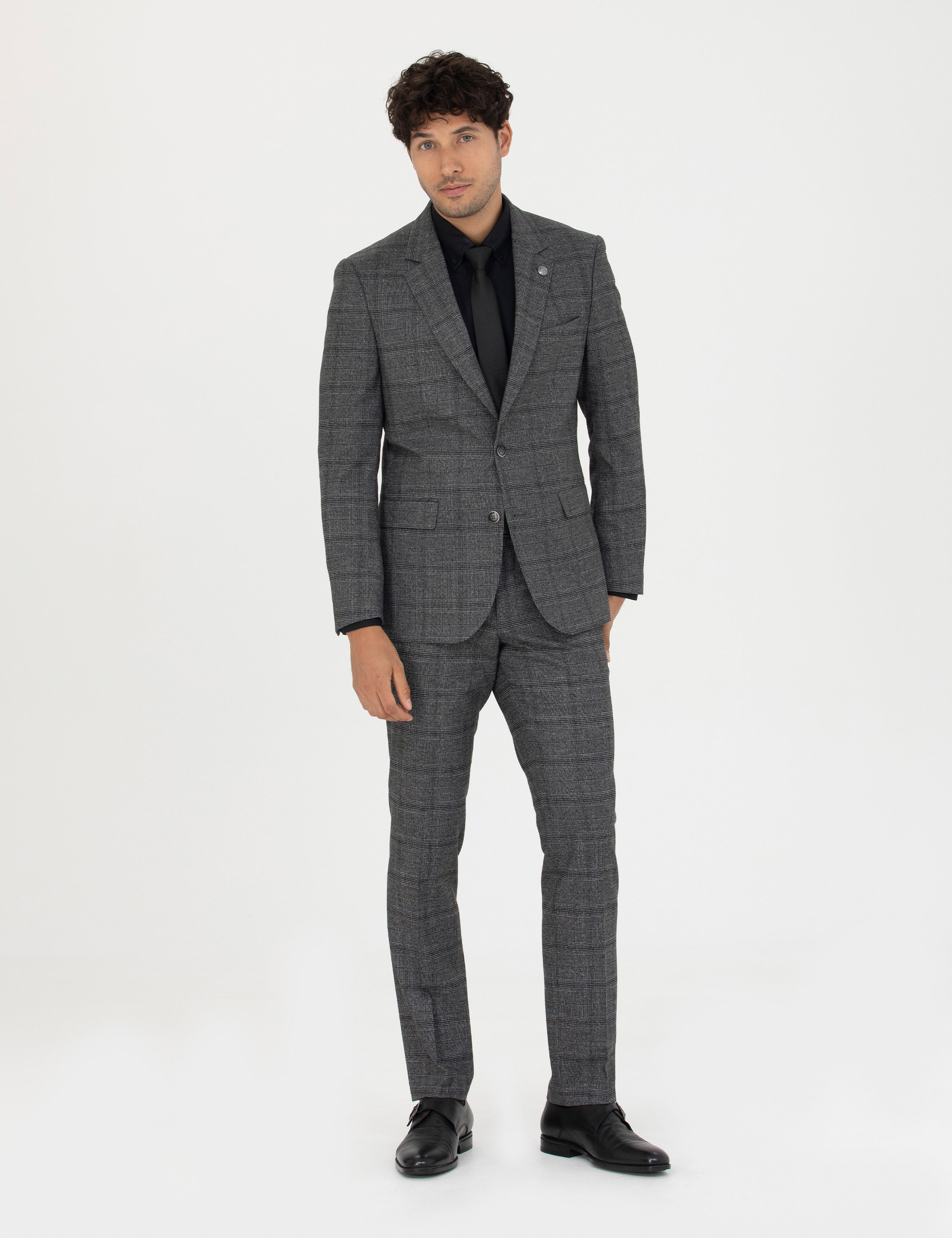 Füme Slim Fit Ekose Takım Elbise - Image 1