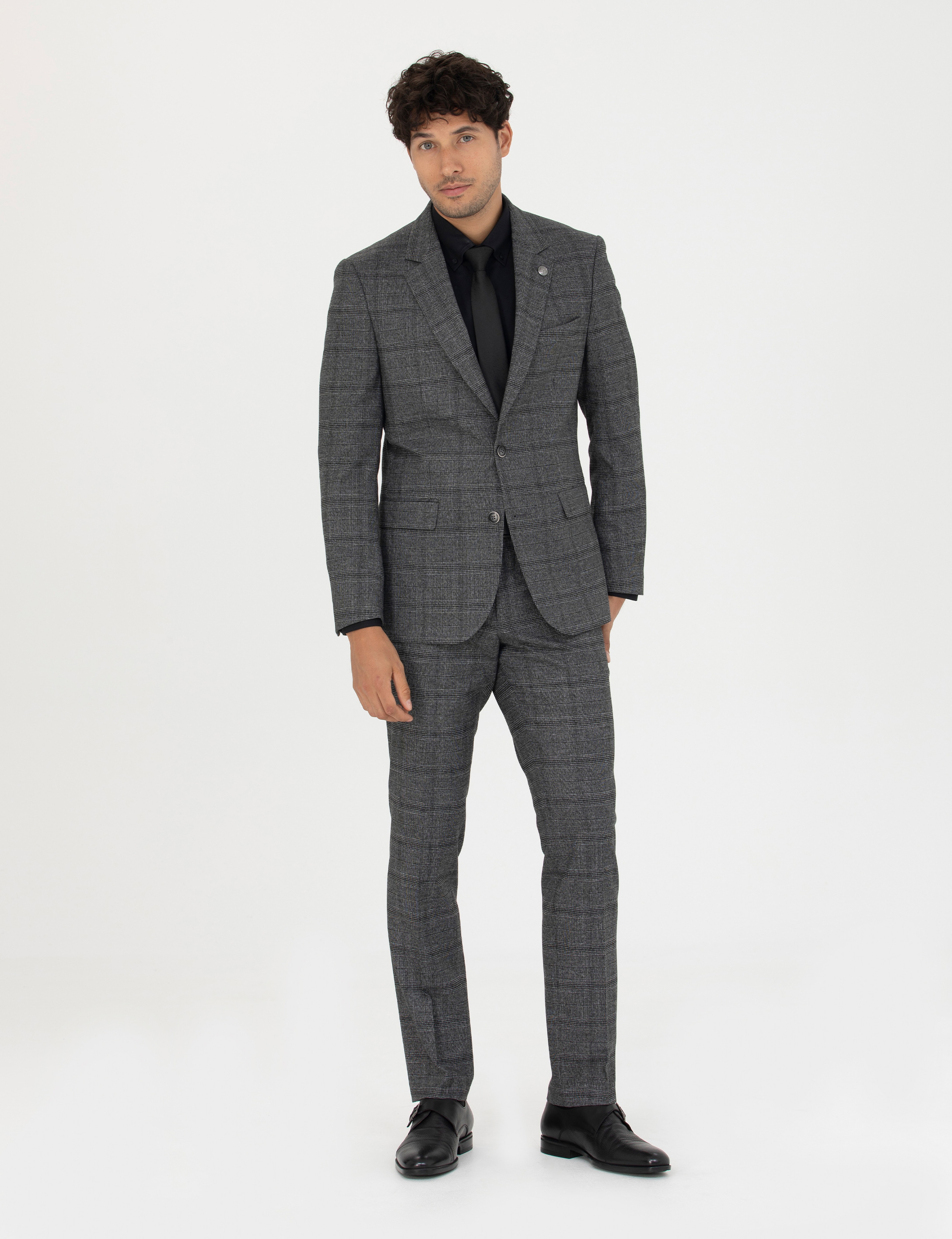 Füme Slim Fit Ekose Takım Elbise
