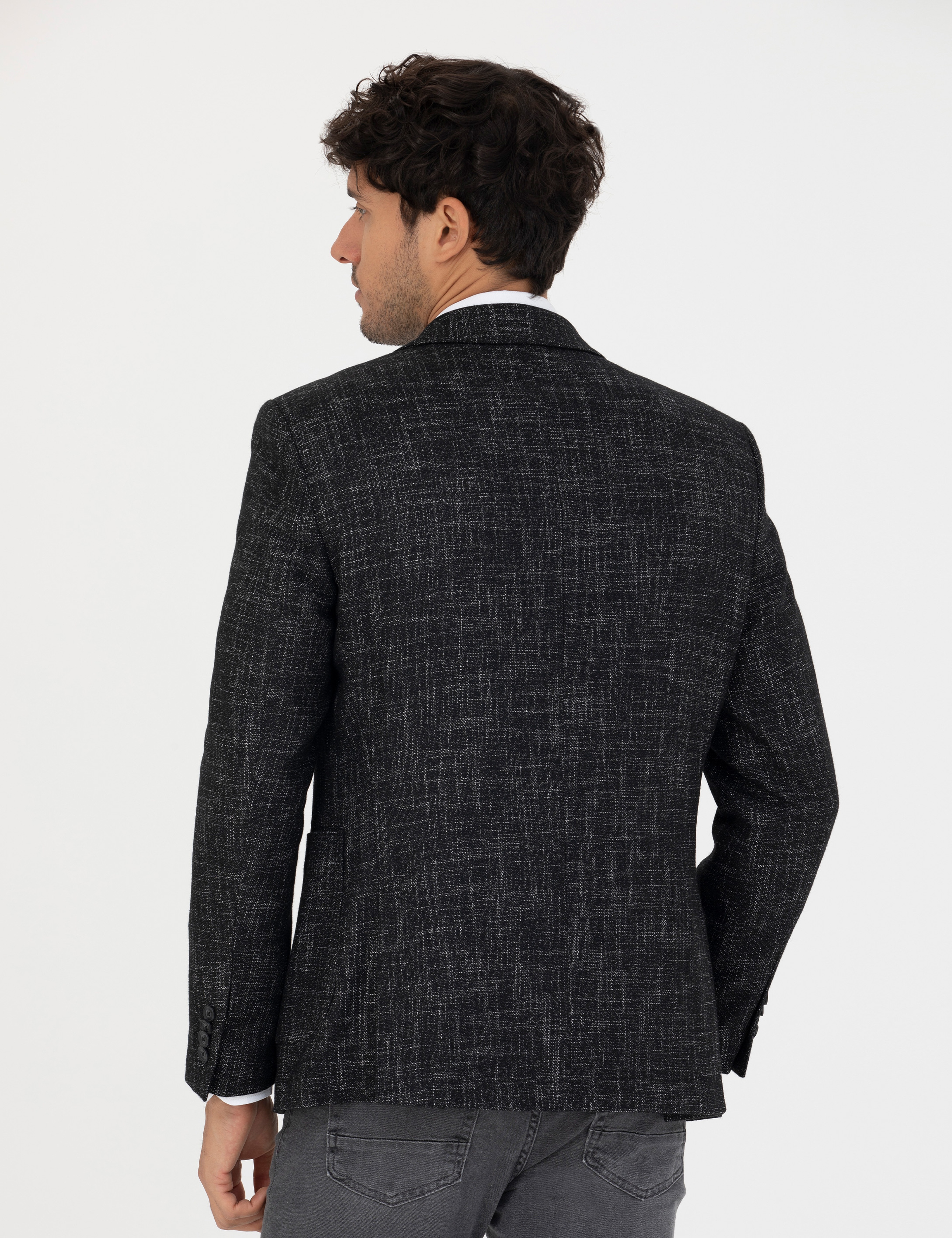 Siyah Ekstra Slim Fit Yün Karışımlı Blazer Ceket - Image 5