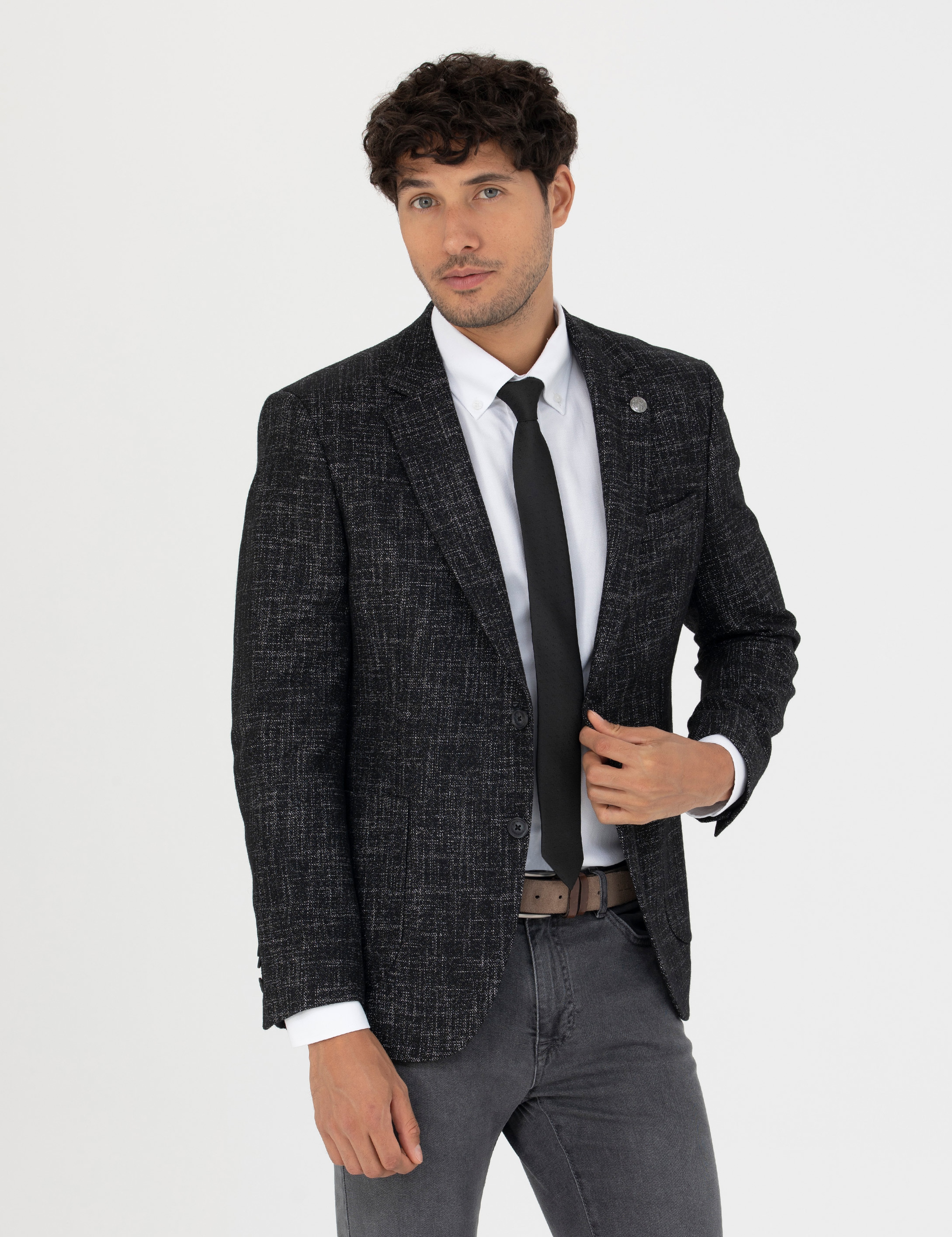Siyah Ekstra Slim Fit Yün Karışımlı Blazer Ceket - Image 3