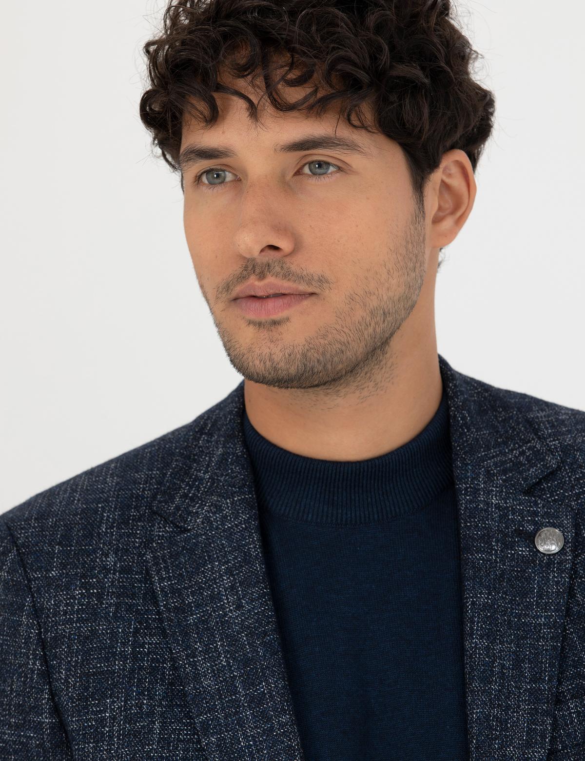 Açık Lacivert Ekstra Slim Fit Yün Karışımlı Blazer Ceket - 50273154143