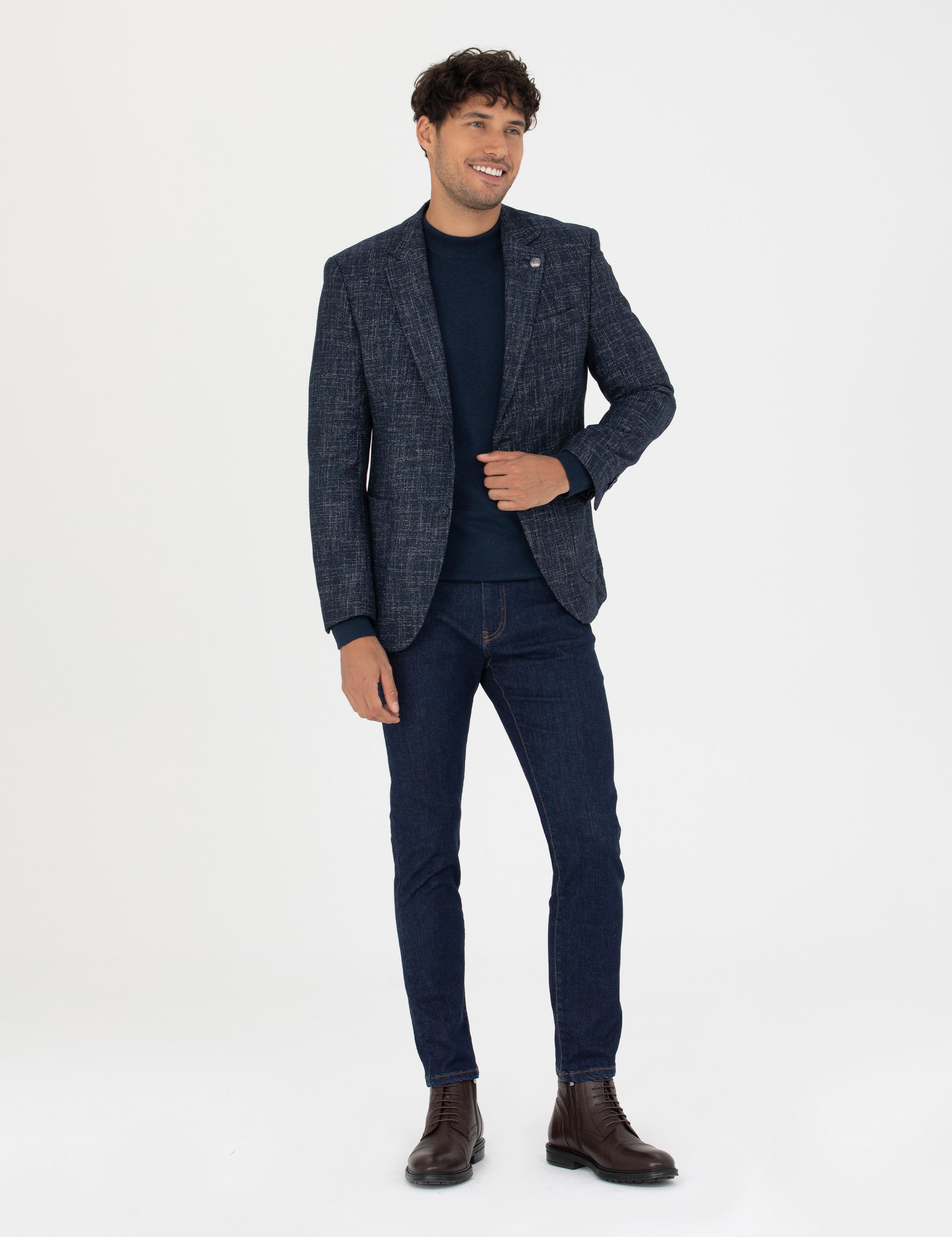 Açık Lacivert Ekstra Slim Fit Yün Karışımlı Blazer Ceket