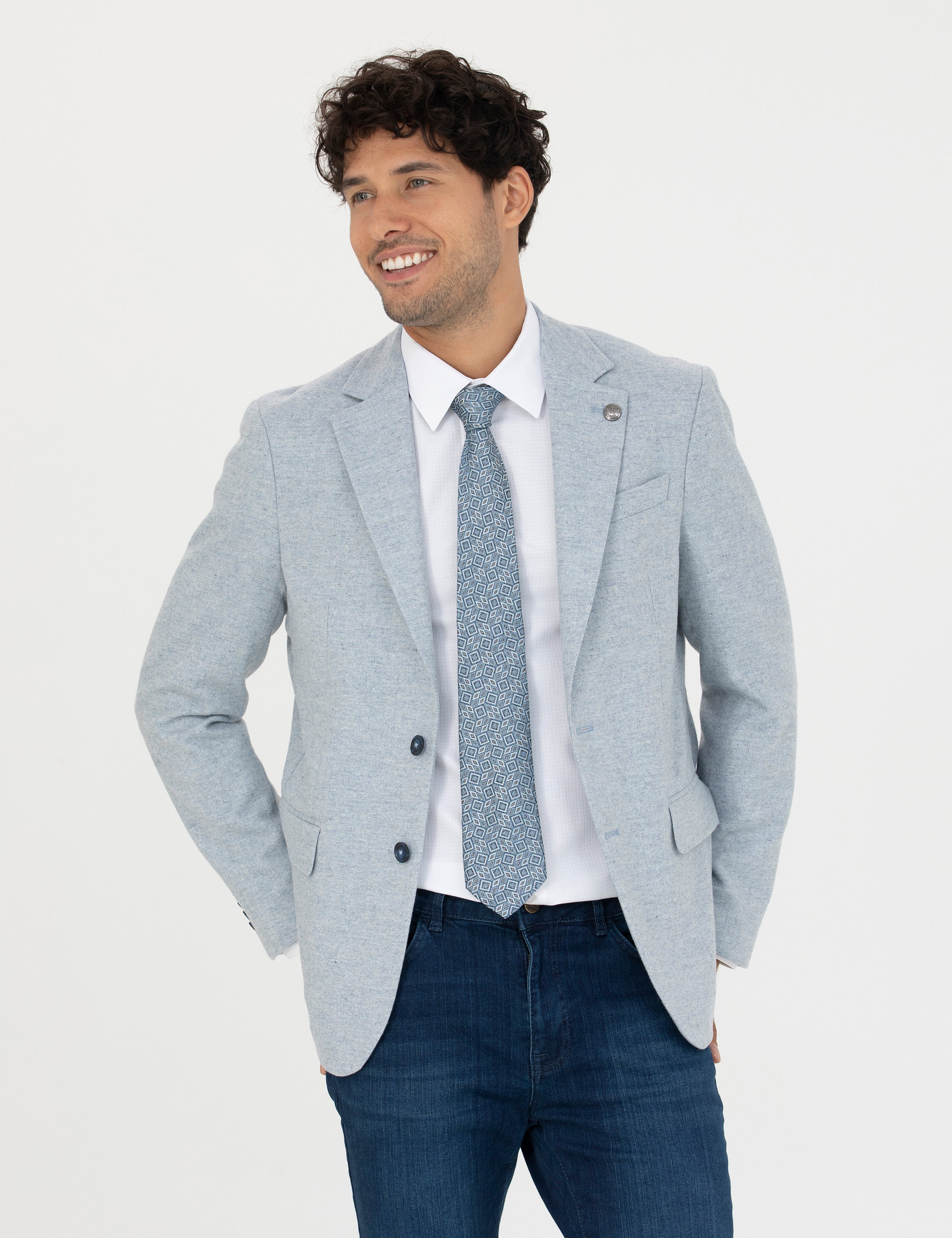 Açık Mavi Yün Karışımlı Slim Fit Ceket