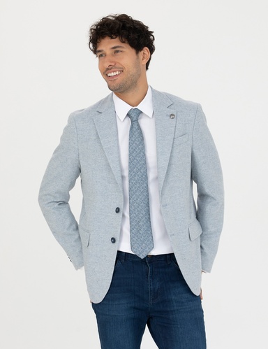 Açık Mavi Yün Karışımlı Slim Fit Ceket